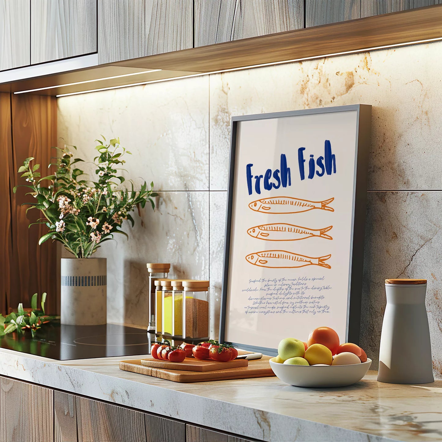 青とオレンジの鮮魚イラスト北欧風キッチンアート