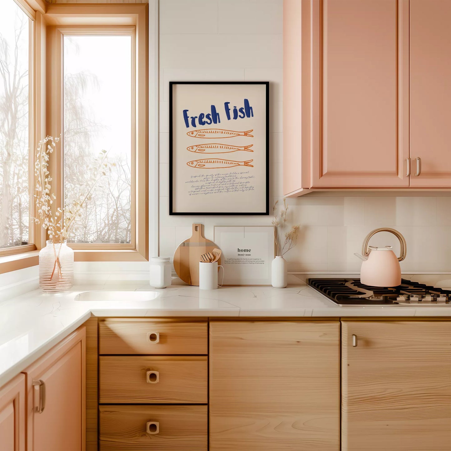 青とオレンジの鮮魚イラスト北欧風キッチンアート