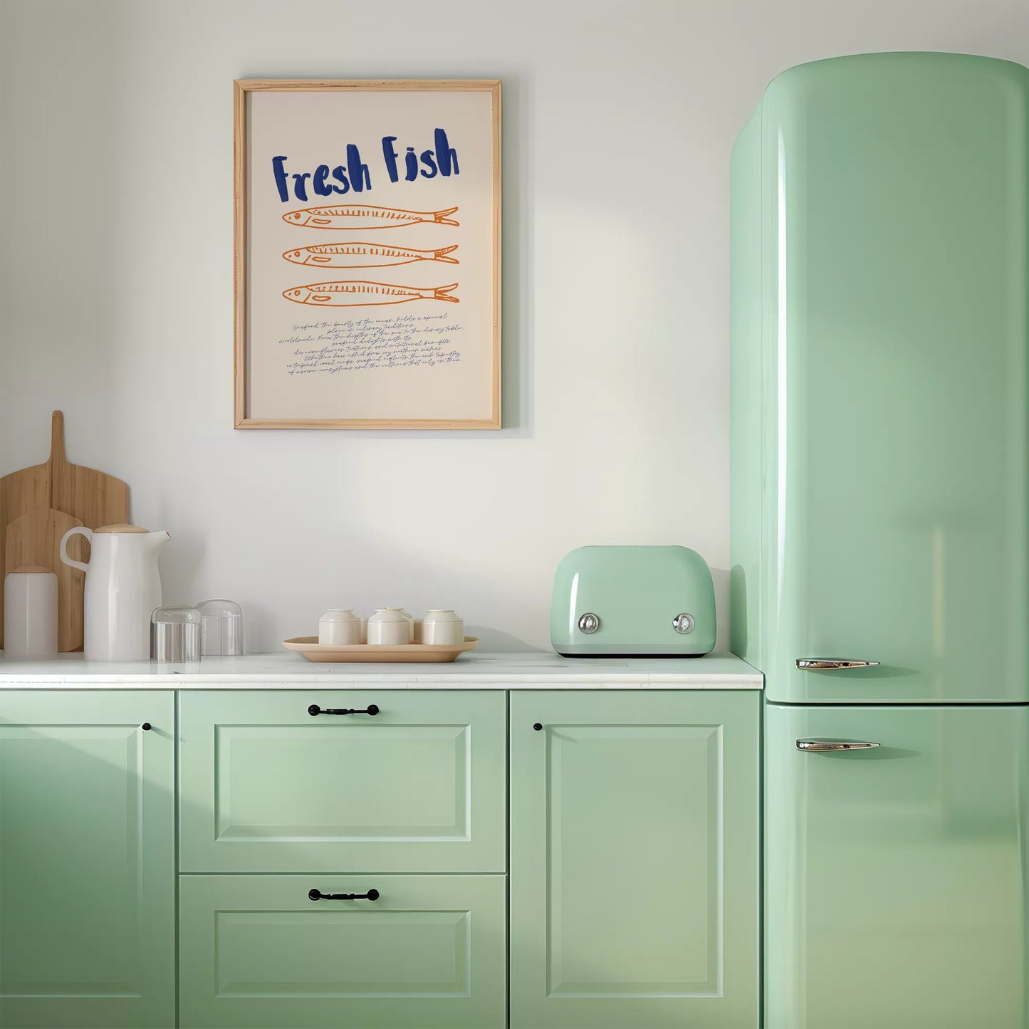 青とオレンジの鮮魚イラスト北欧風キッチンアート