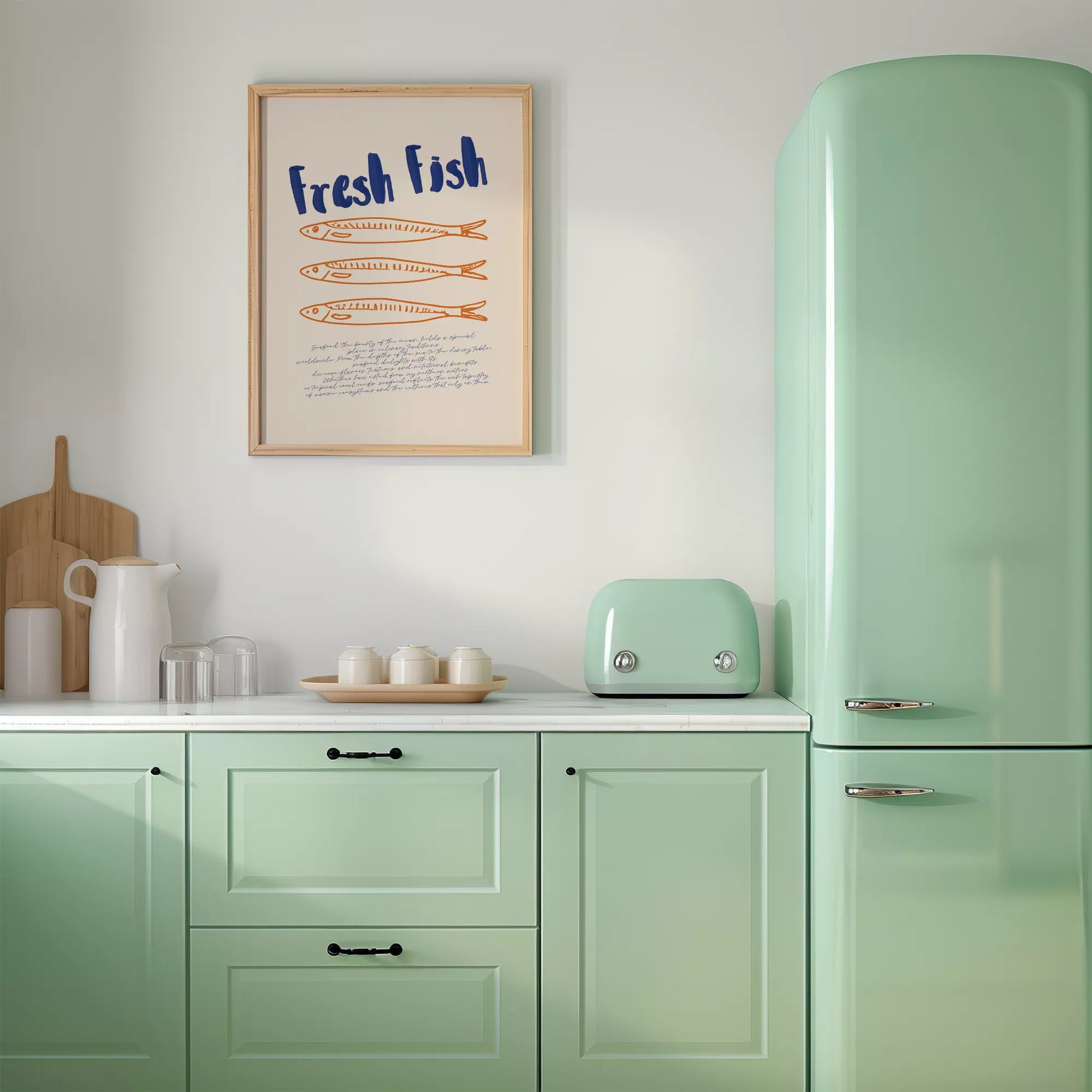 青とオレンジの鮮魚イラスト北欧風キッチンアート