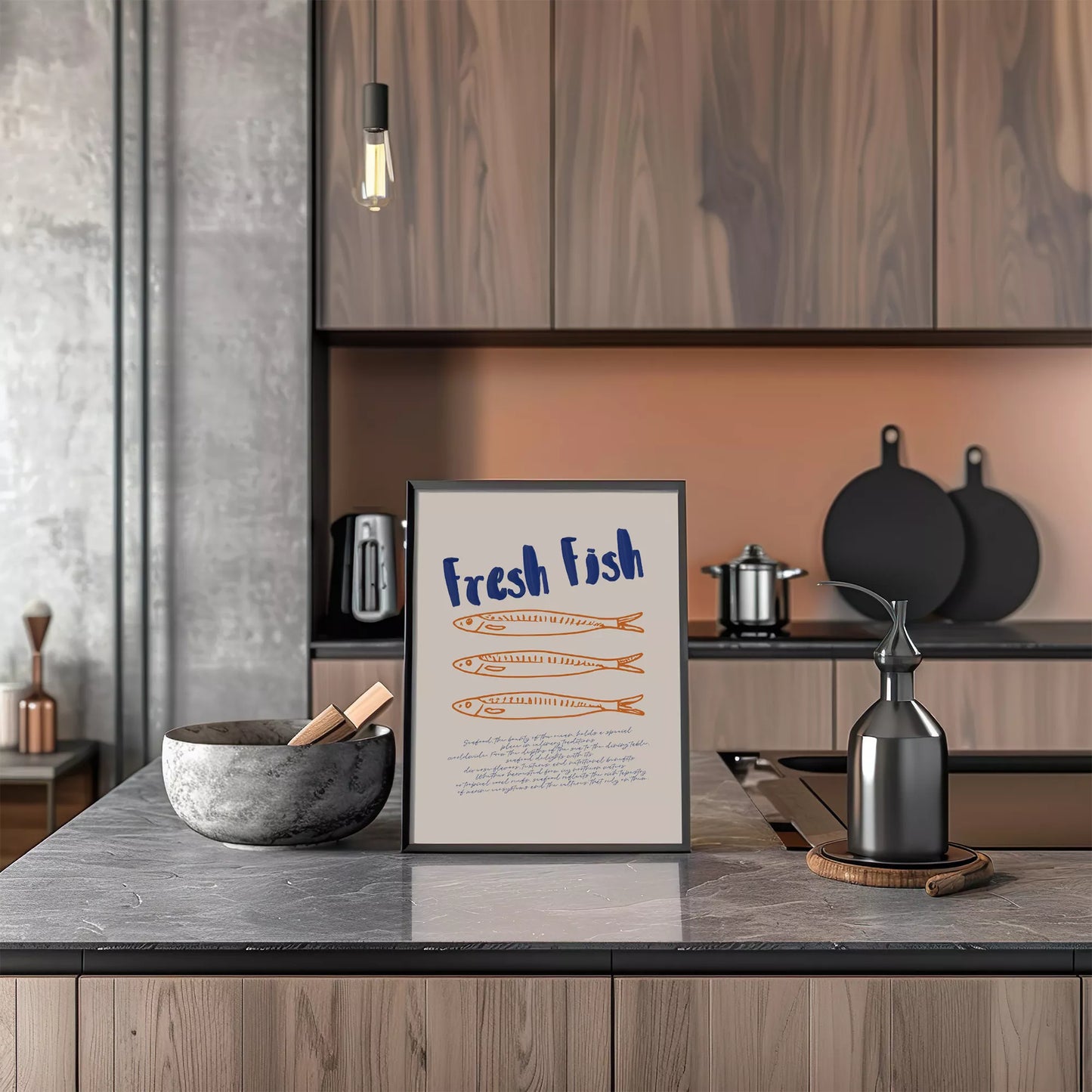 青とオレンジの鮮魚イラスト北欧風キッチンアート