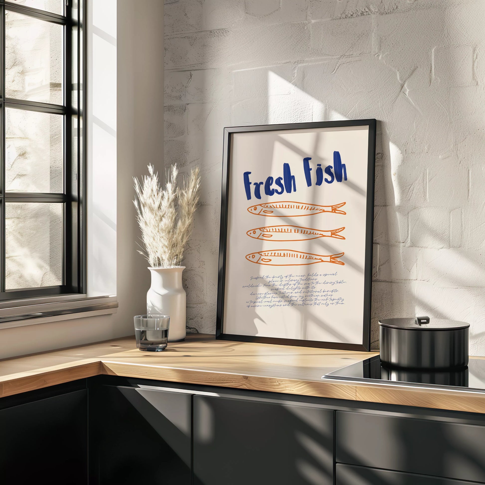 青とオレンジの鮮魚イラスト北欧風キッチンアート