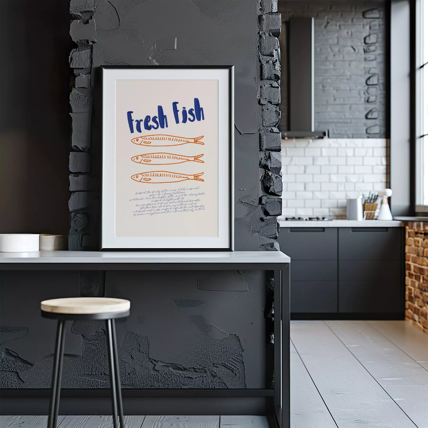 青とオレンジの鮮魚イラスト北欧風キッチンアート
