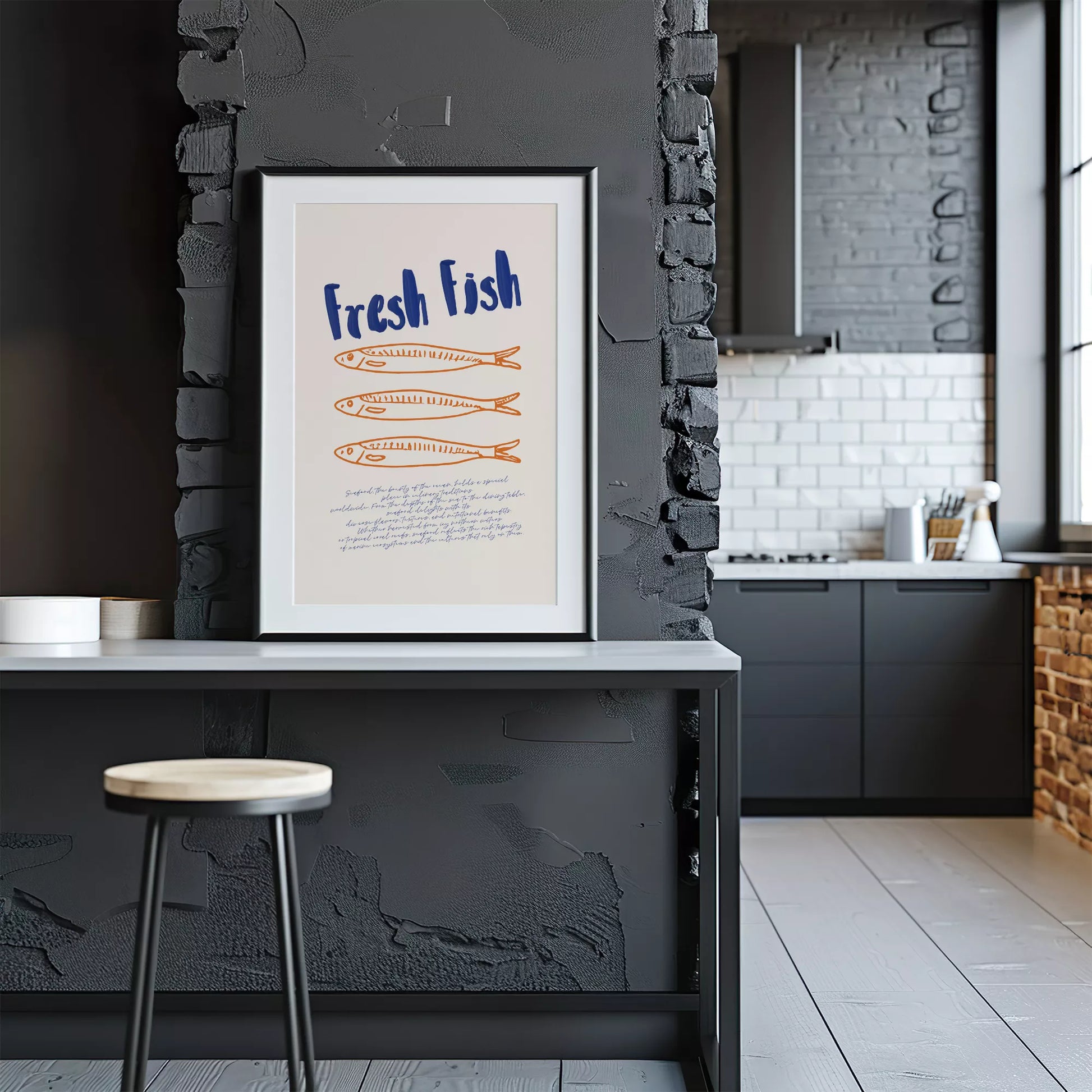 青とオレンジの鮮魚イラスト北欧風キッチンアート