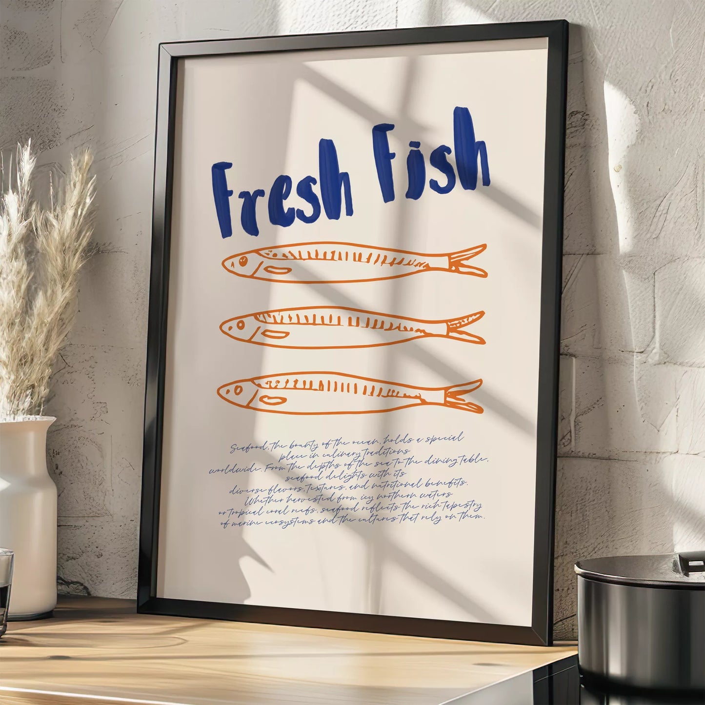 青とオレンジの鮮魚イラスト北欧風キッチンアート