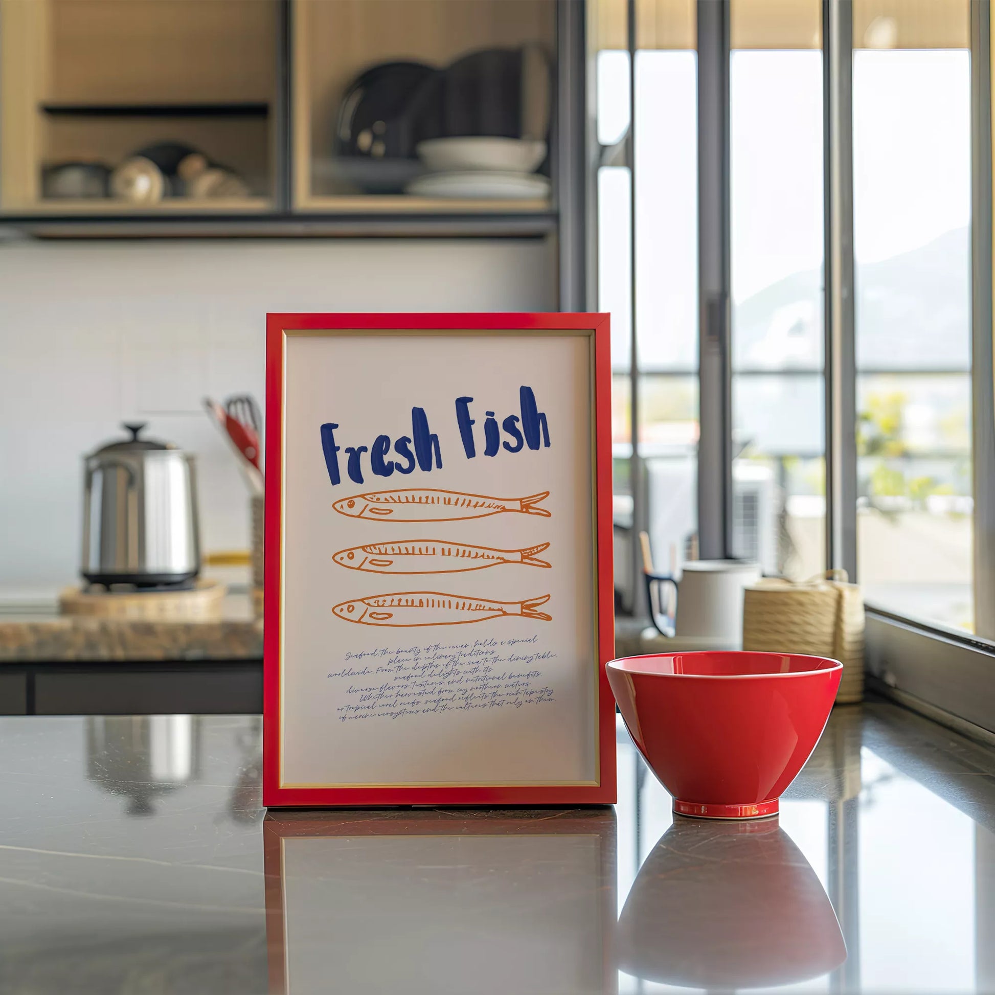 青とオレンジの鮮魚イラスト北欧風キッチンアート