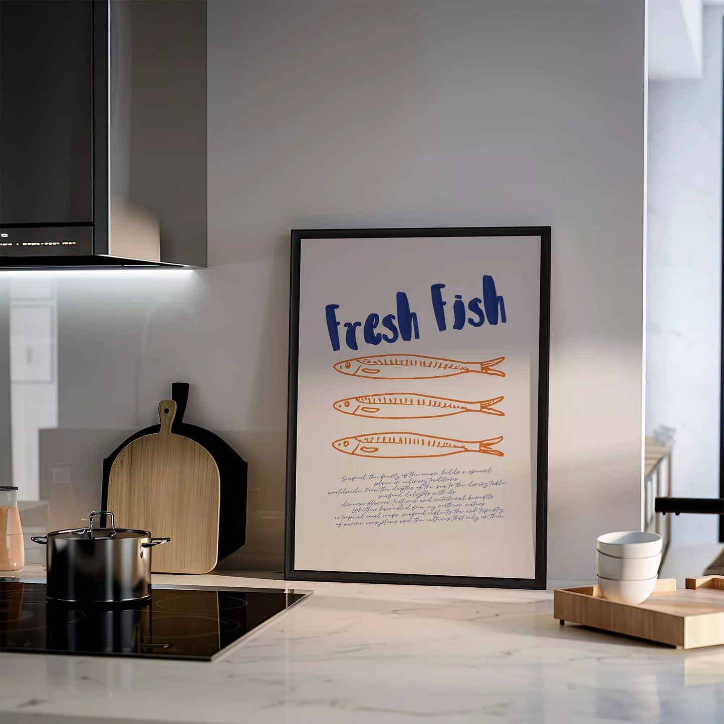 青とオレンジの鮮魚イラスト北欧風キッチンアート