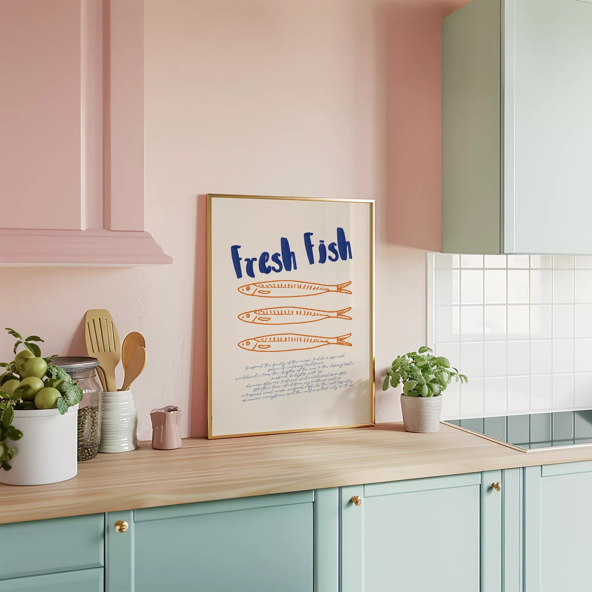 青とオレンジの鮮魚イラスト北欧風キッチンアート