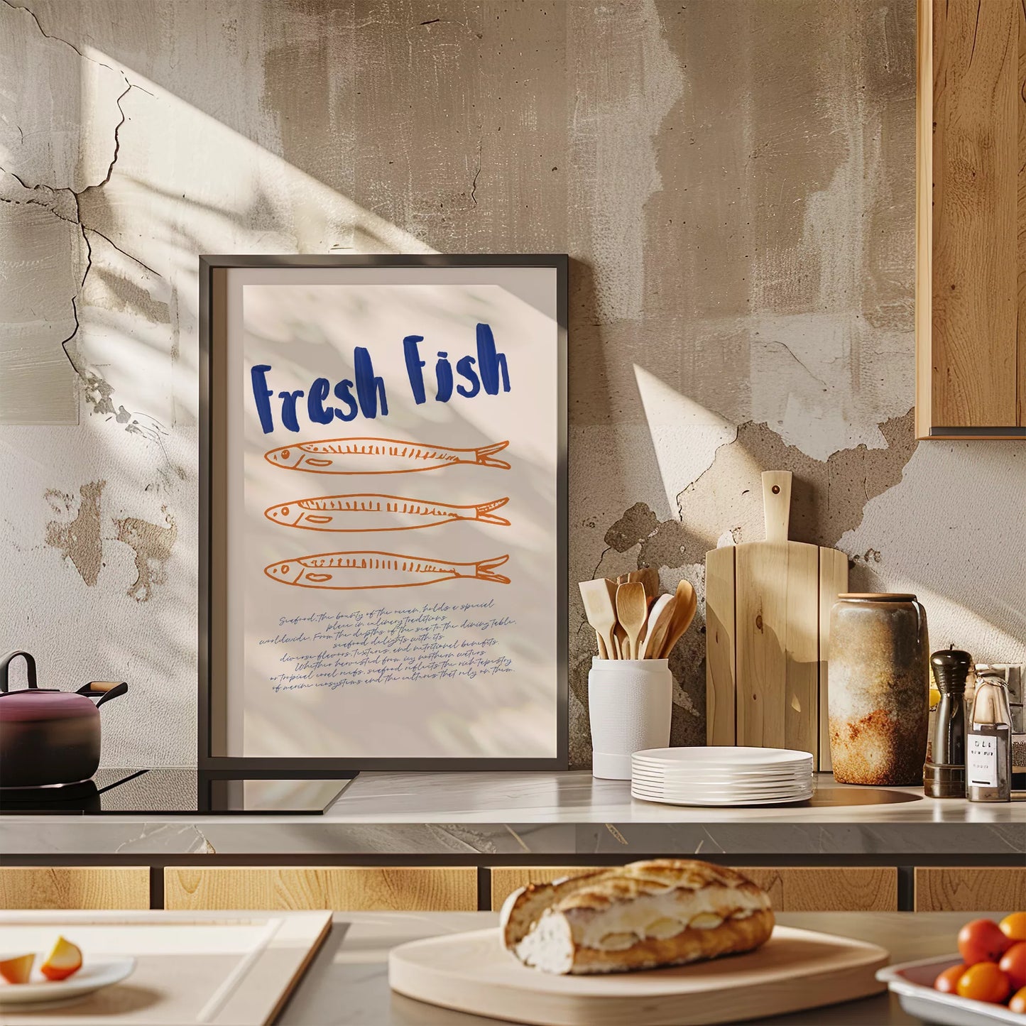 青とオレンジの鮮魚イラスト北欧風キッチンアート