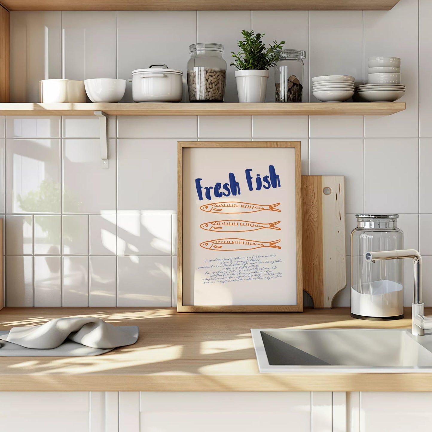 青とオレンジの鮮魚イラスト北欧風キッチンアート