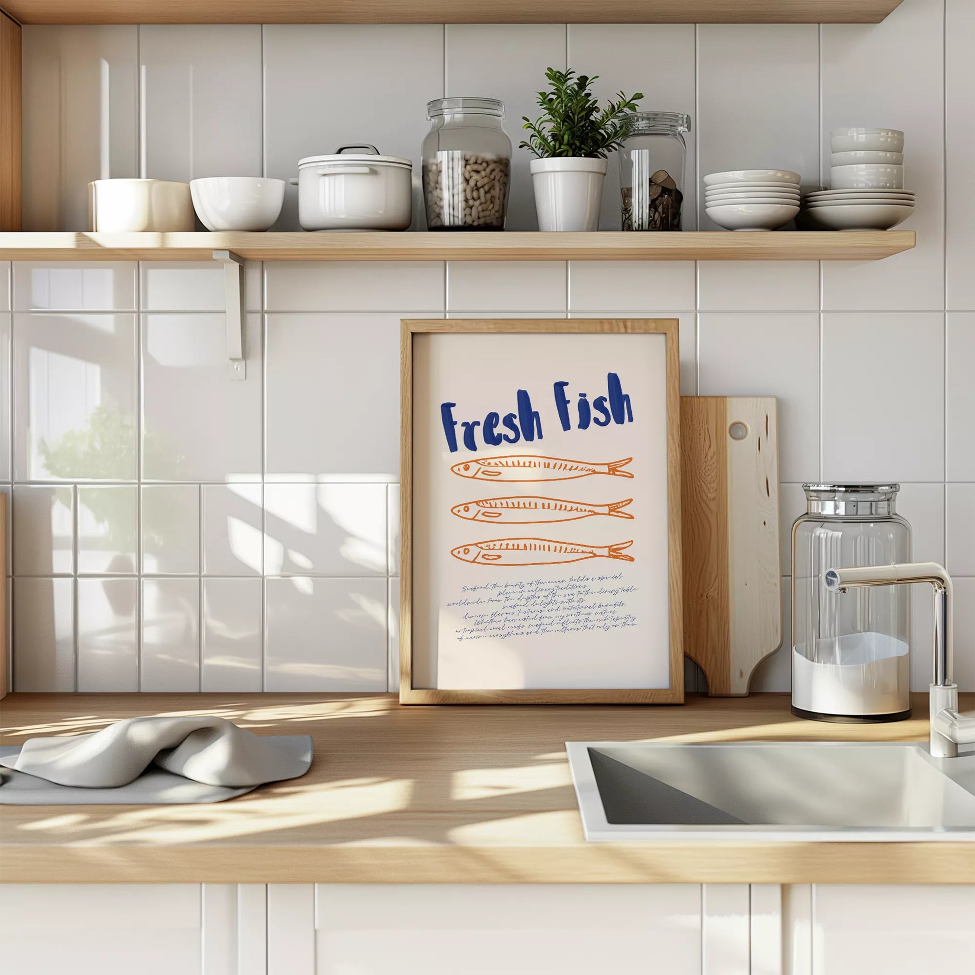 青とオレンジの鮮魚イラスト北欧風キッチンアート