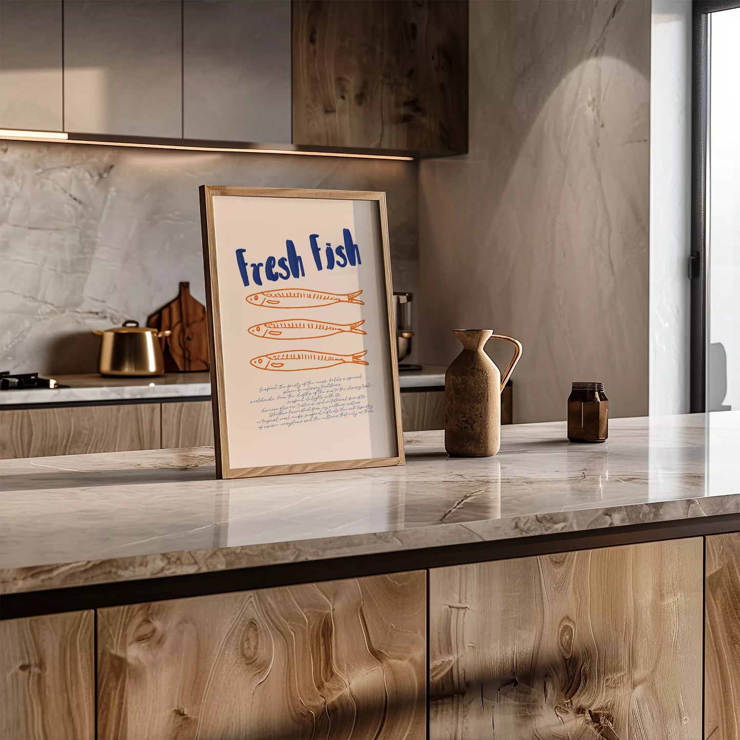 青とオレンジの鮮魚イラスト北欧風キッチンアート
