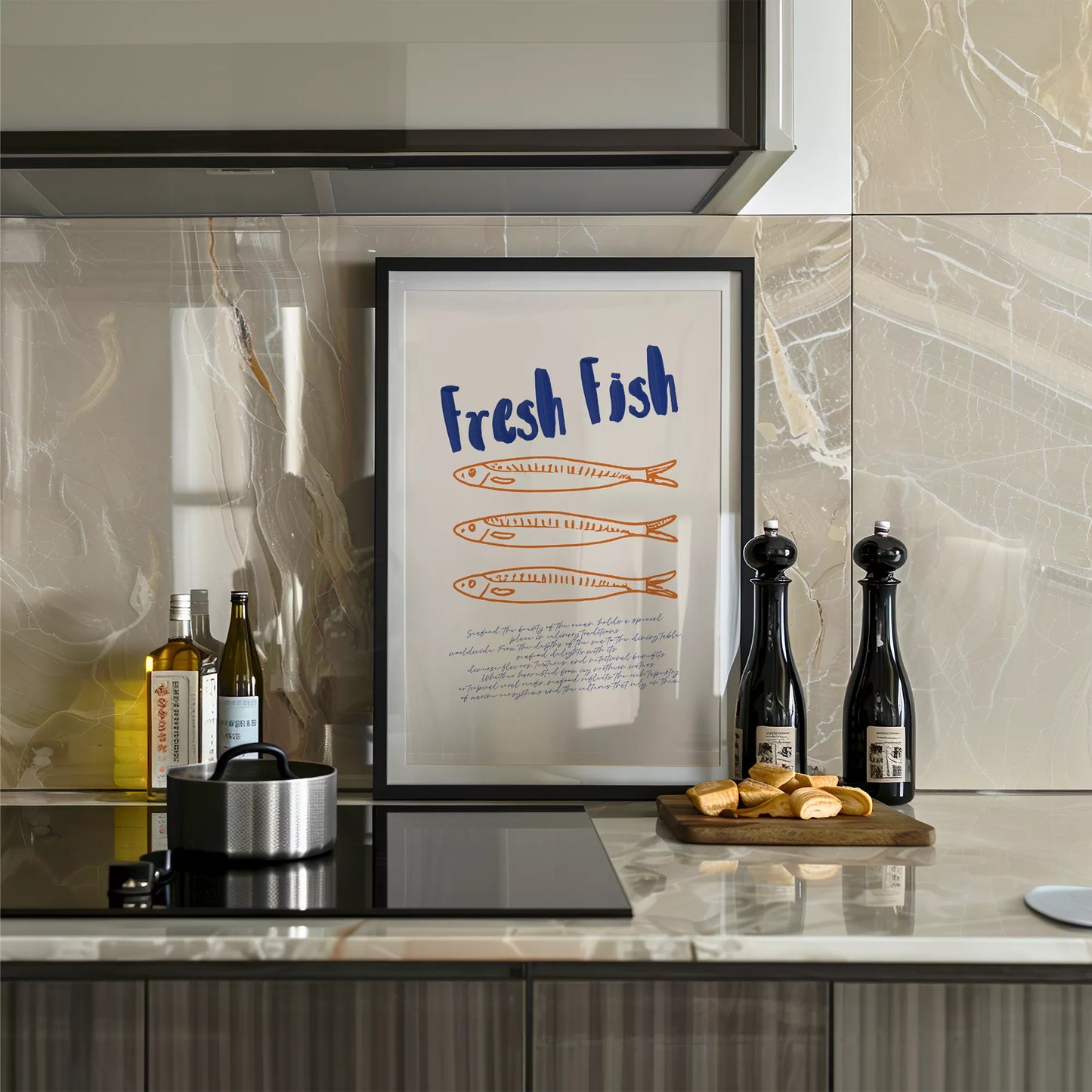 青とオレンジの鮮魚イラスト北欧風キッチンアート