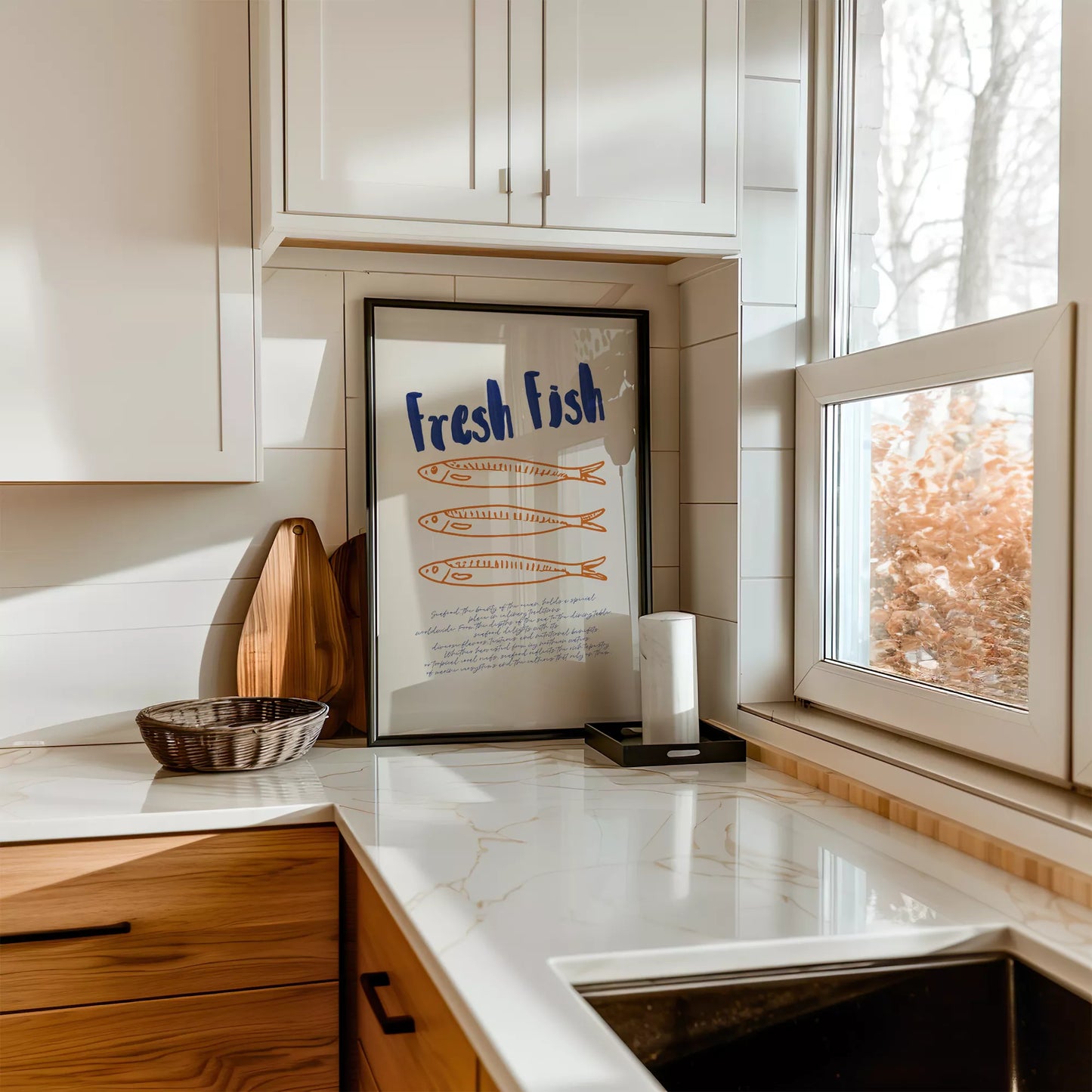 青とオレンジの鮮魚イラスト北欧風キッチンアート