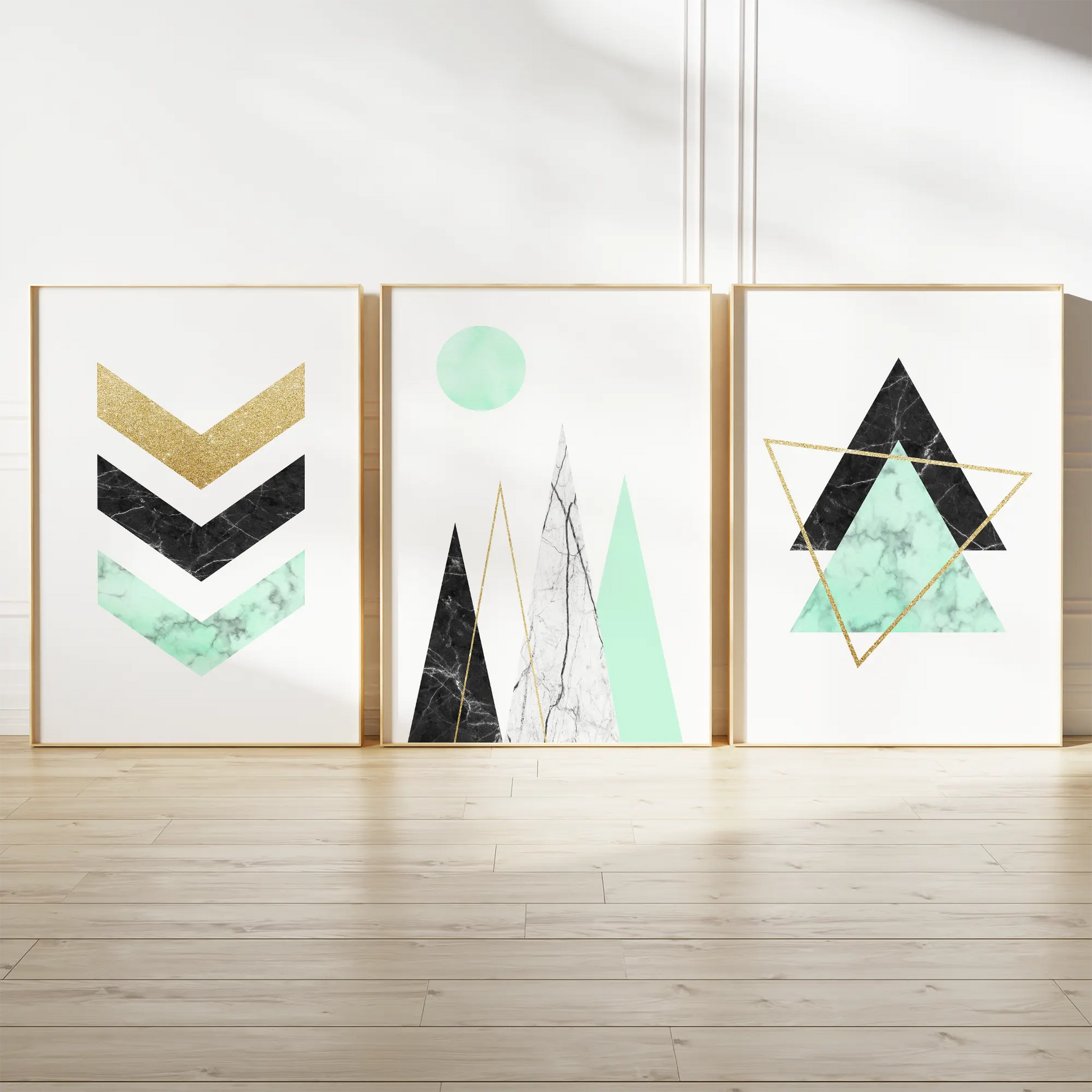 ミントグリーン大理石とゴールドラインの抽象ジオメトリックアートポスター 北欧モダン 3枚セット