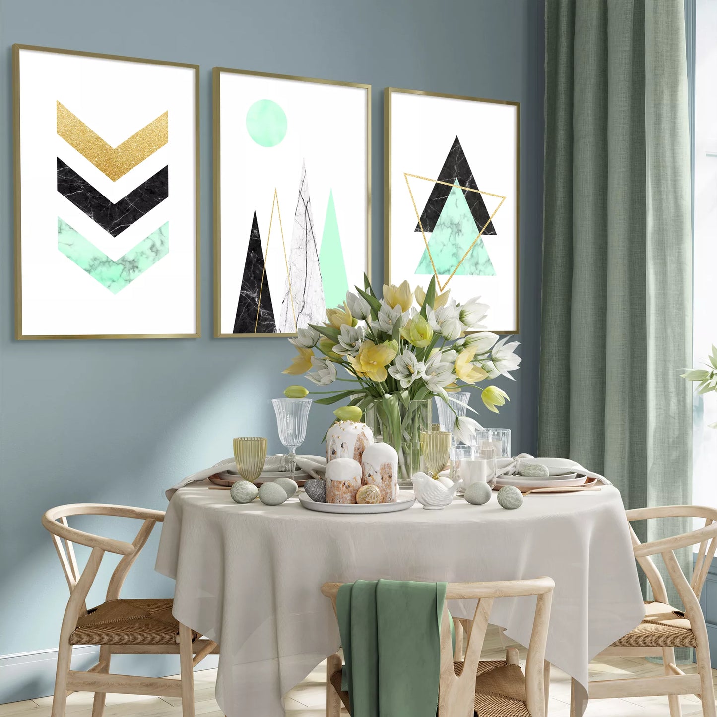幾何学的な大理石調アート ミントグリーンとゴールドの3枚組ポスター