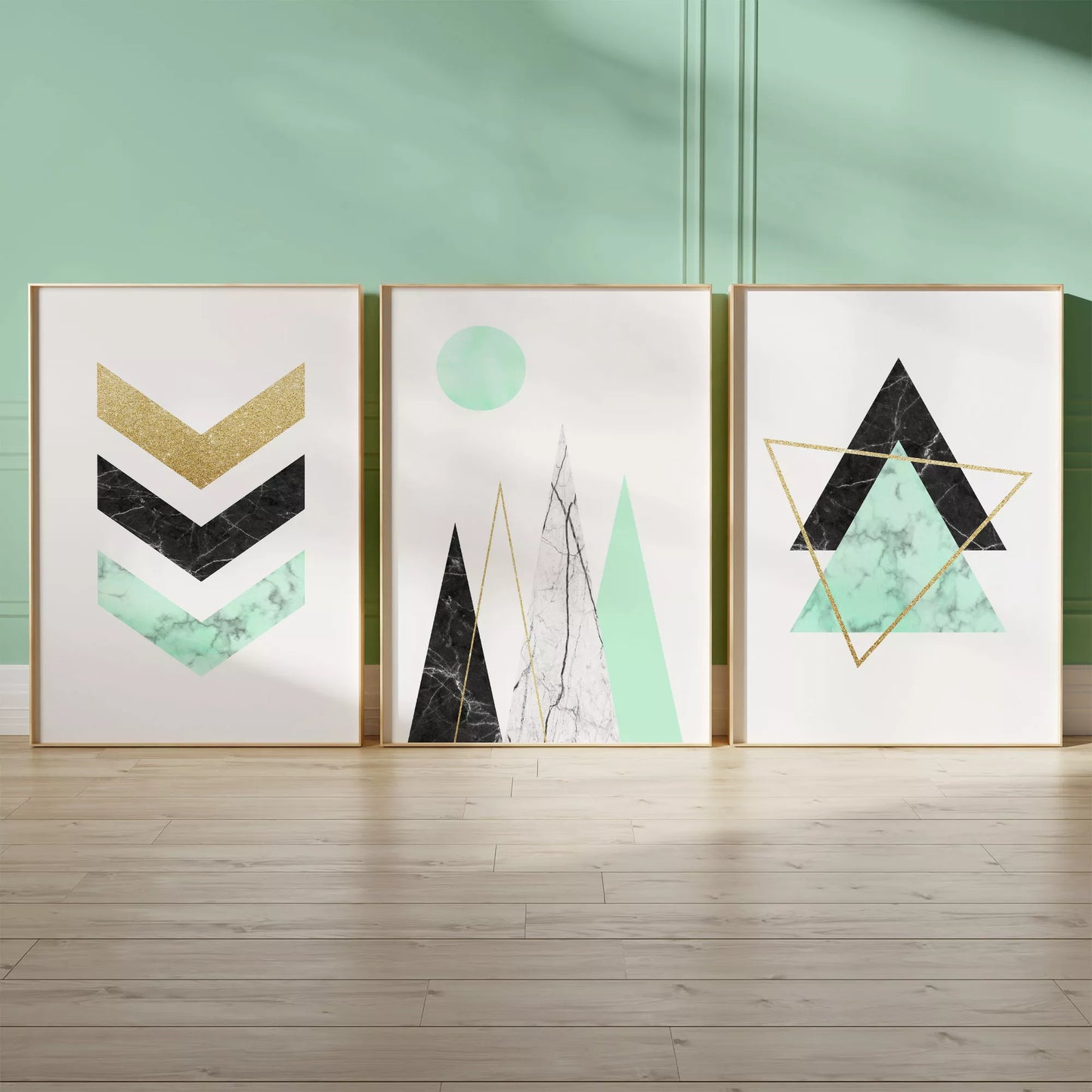 幾何学的な大理石調アート ミントグリーンとゴールドの3枚組ポスター