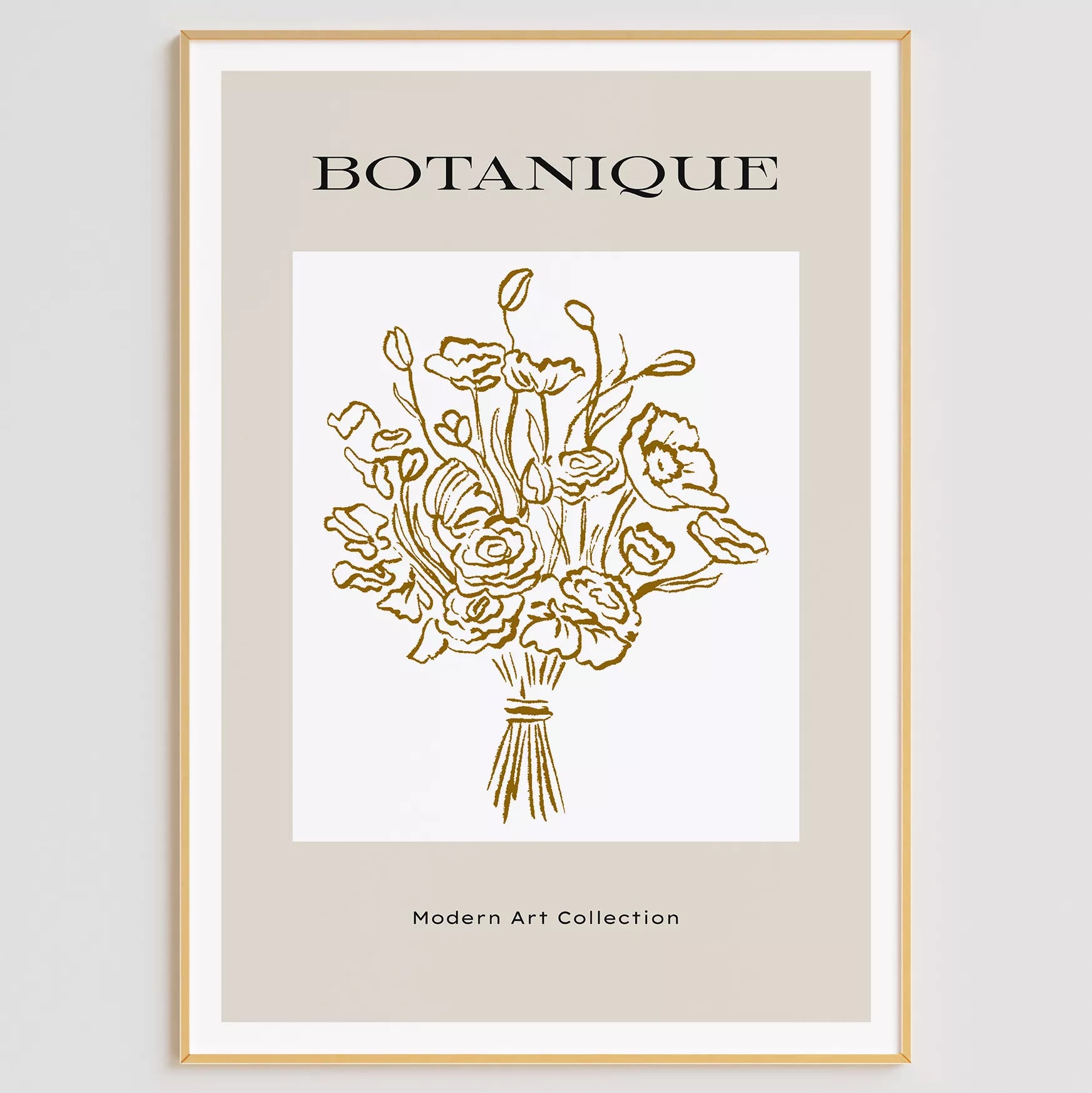 北欧デザインのゴールドライン花束ボタニカル アートポスター グレージュ