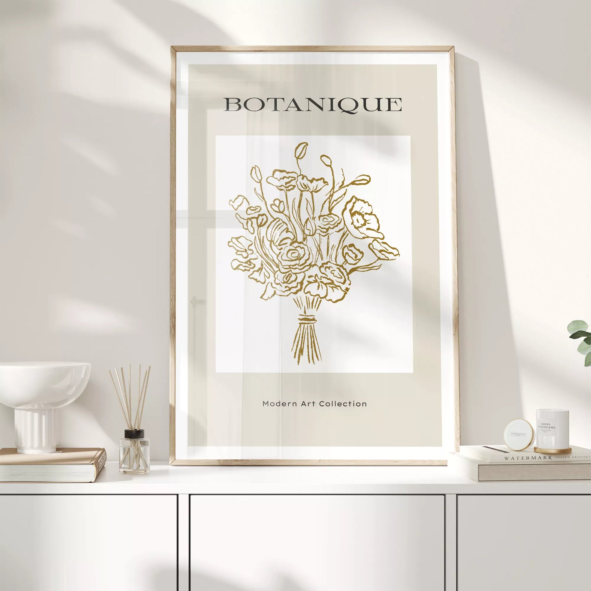 北欧デザインのゴールドライン花束ボタニカル アートポスター グレージュ