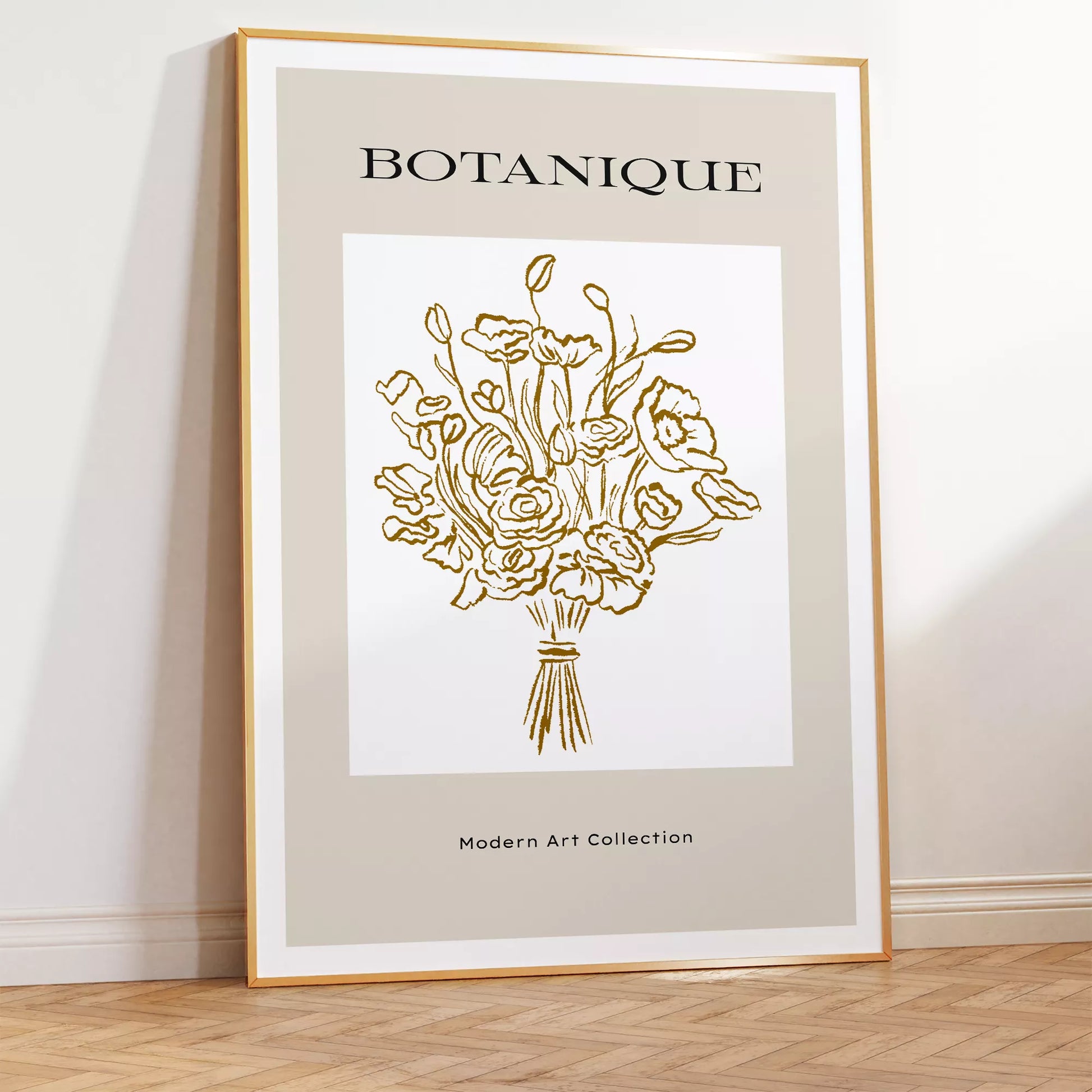 北欧デザインのゴールドライン花束ボタニカル アートポスター グレージュ