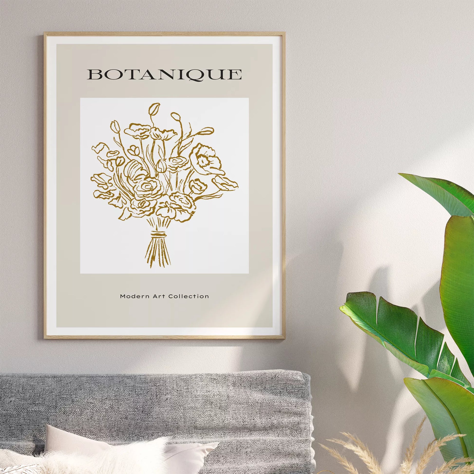 北欧デザインのゴールドライン花束ボタニカル アートポスター グレージュ