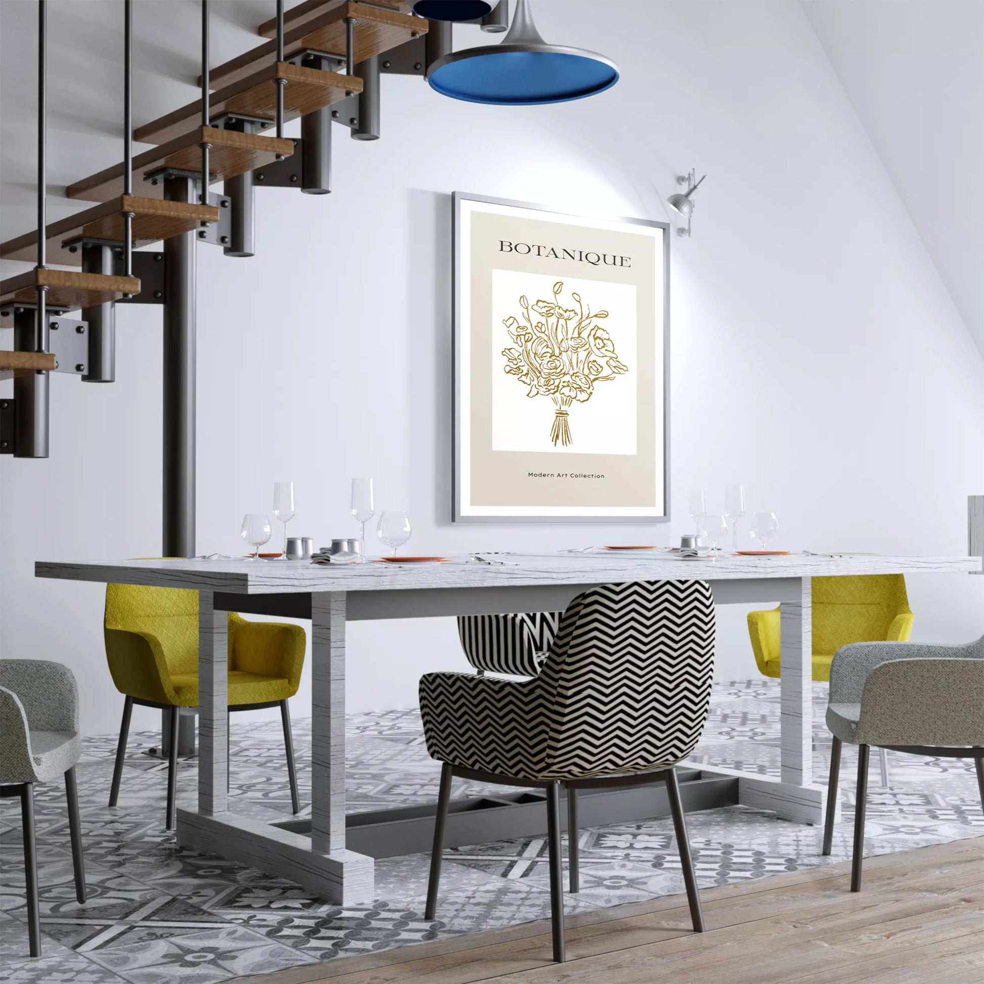 北欧デザインのゴールドライン花束ボタニカル アートポスター グレージュ