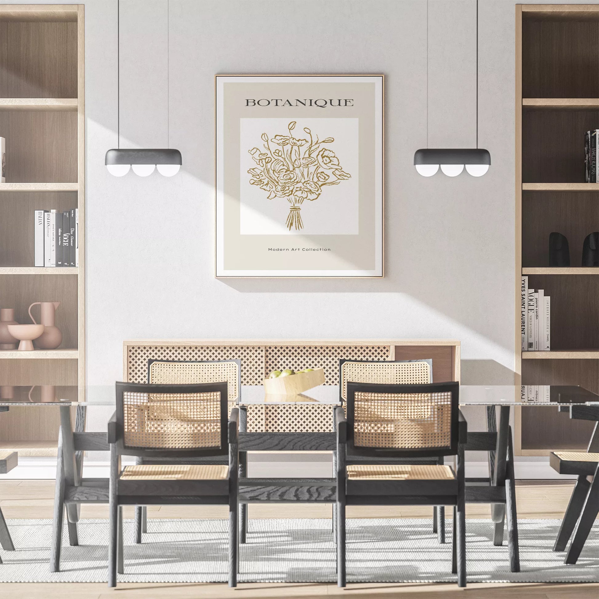 北欧デザインのゴールドライン花束ボタニカル アートポスター グレージュ
