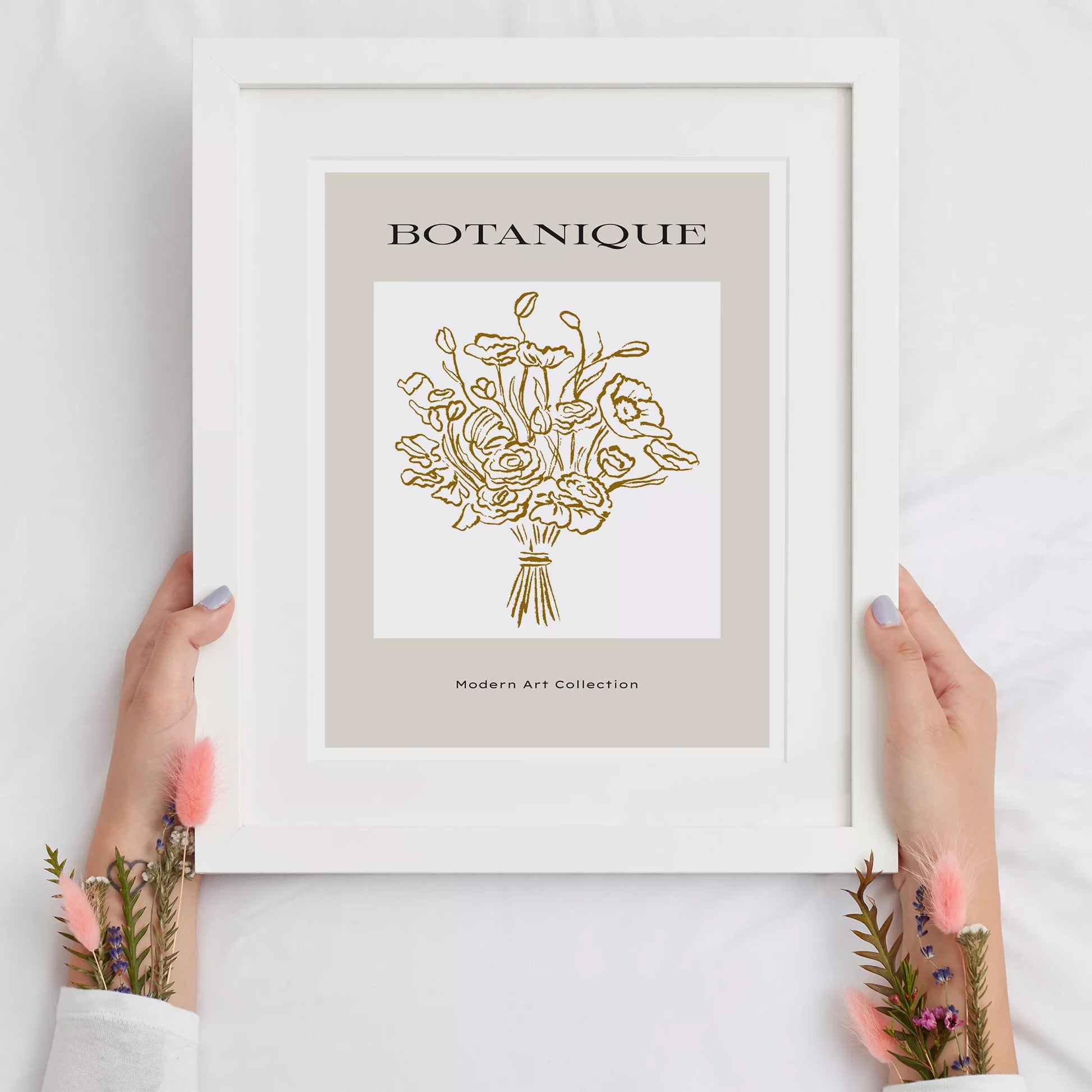 北欧デザインのゴールドライン花束ボタニカル アートポスター グレージュ