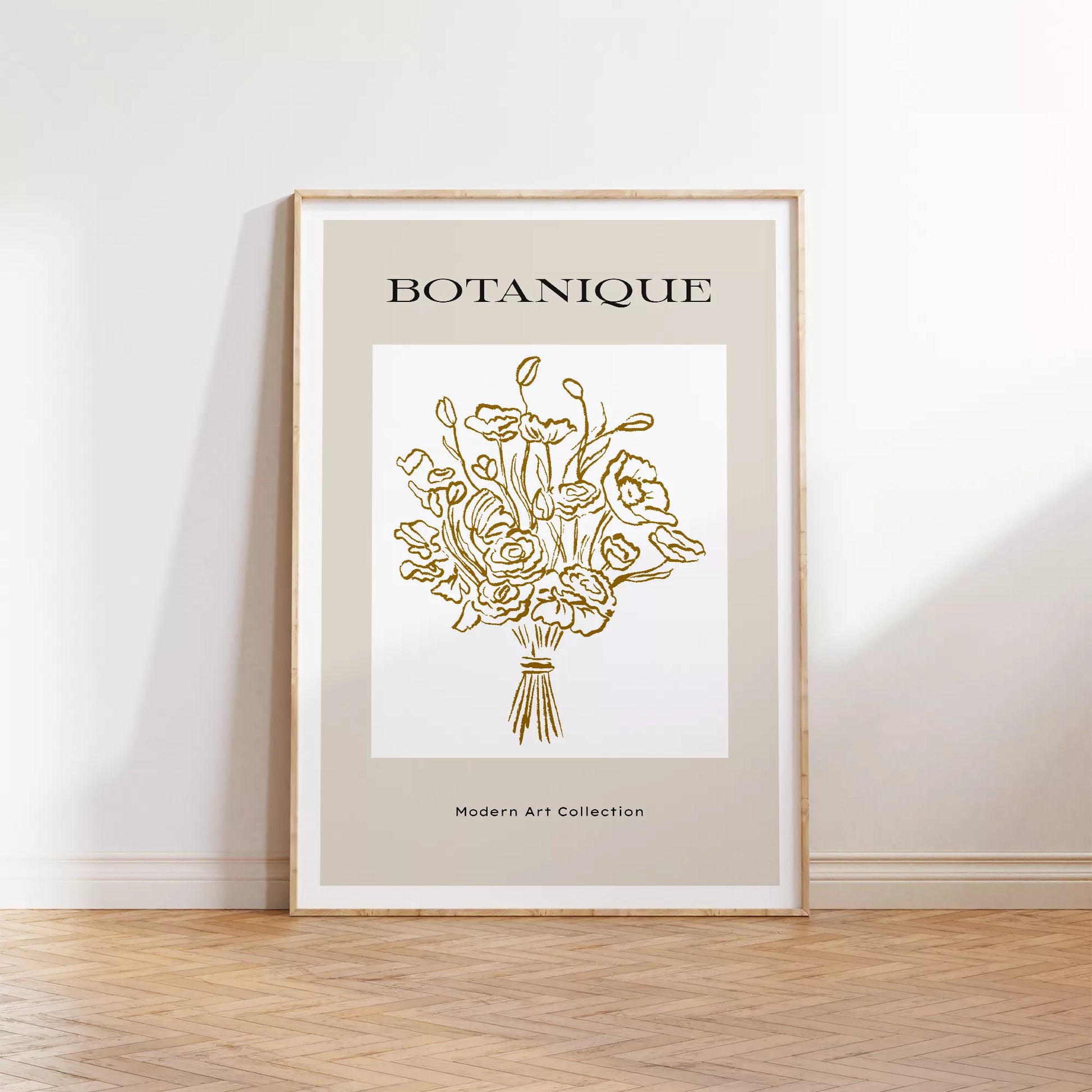 北欧デザインのゴールドライン花束ボタニカル アートポスター グレージュ