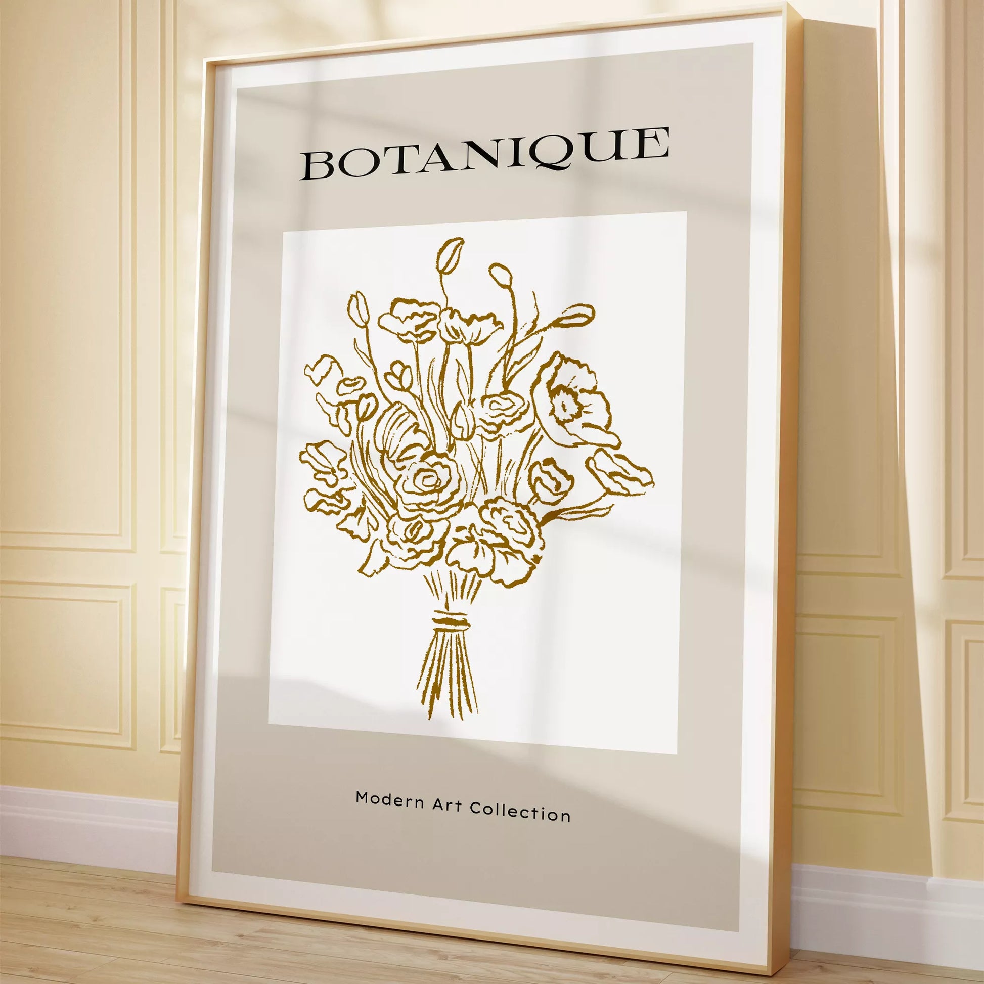 北欧デザインのゴールドライン花束ボタニカル アートポスター グレージュ
