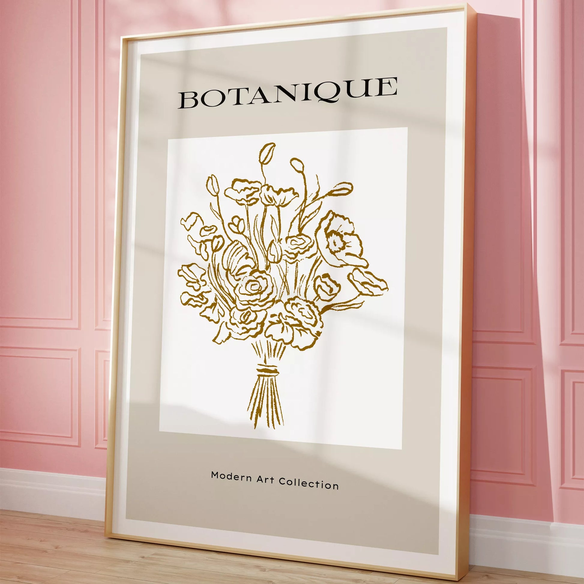 北欧デザインのゴールドライン花束ボタニカル アートポスター グレージュ