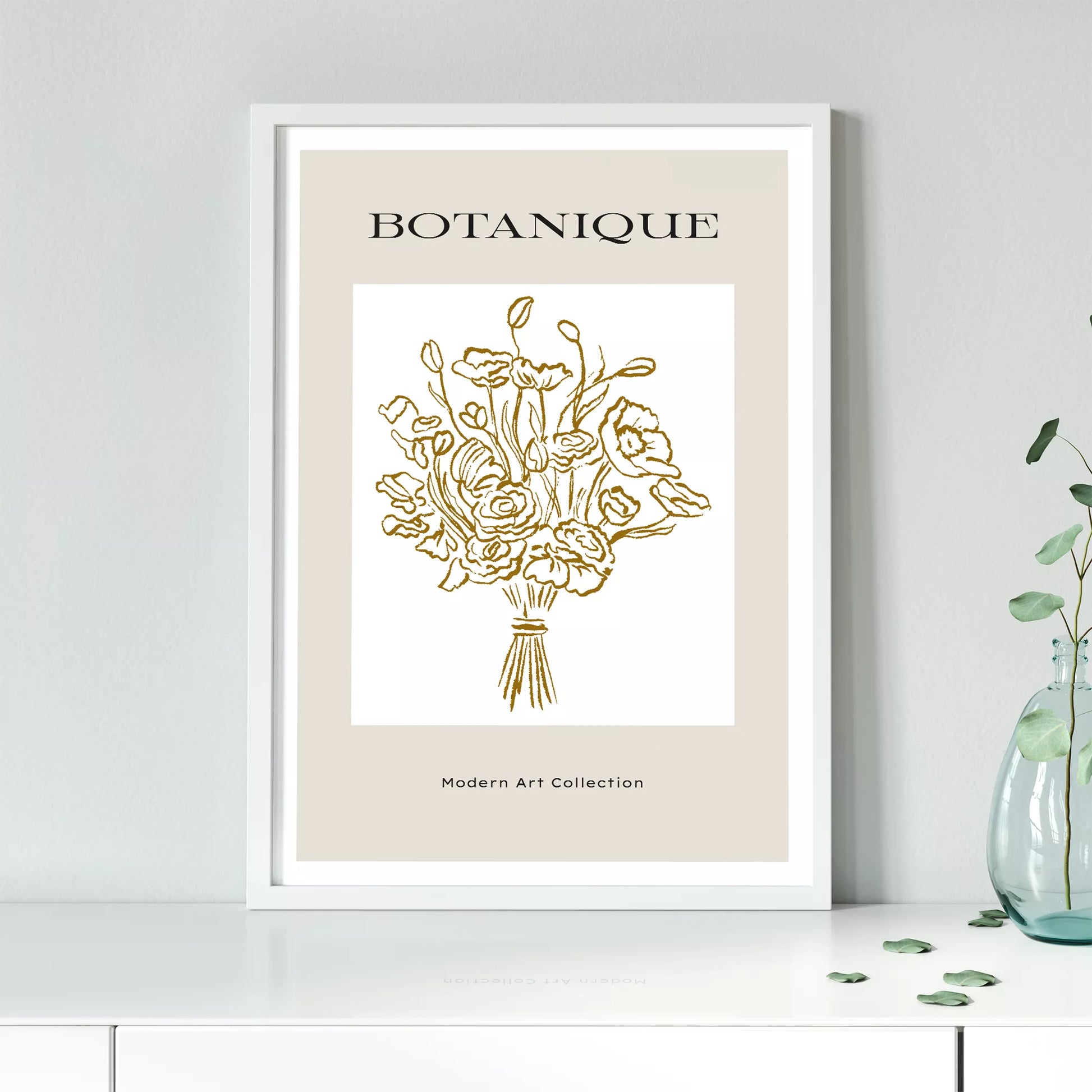 北欧デザインのゴールドライン花束ボタニカル アートポスター グレージュ