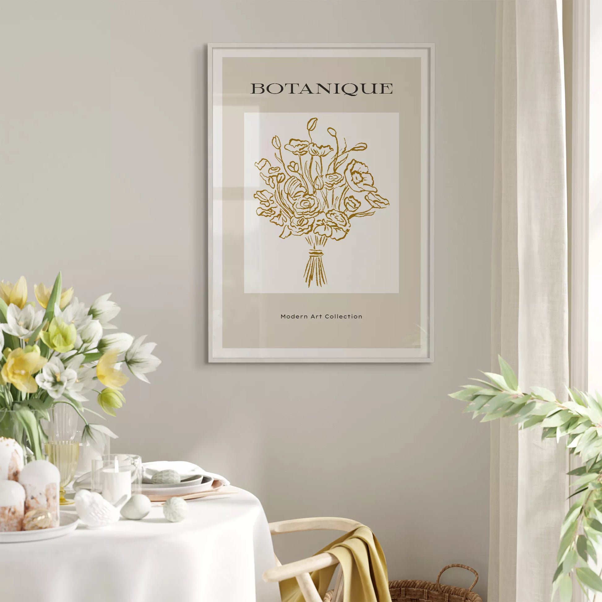 北欧デザインのゴールドライン花束ボタニカル アートポスター グレージュ