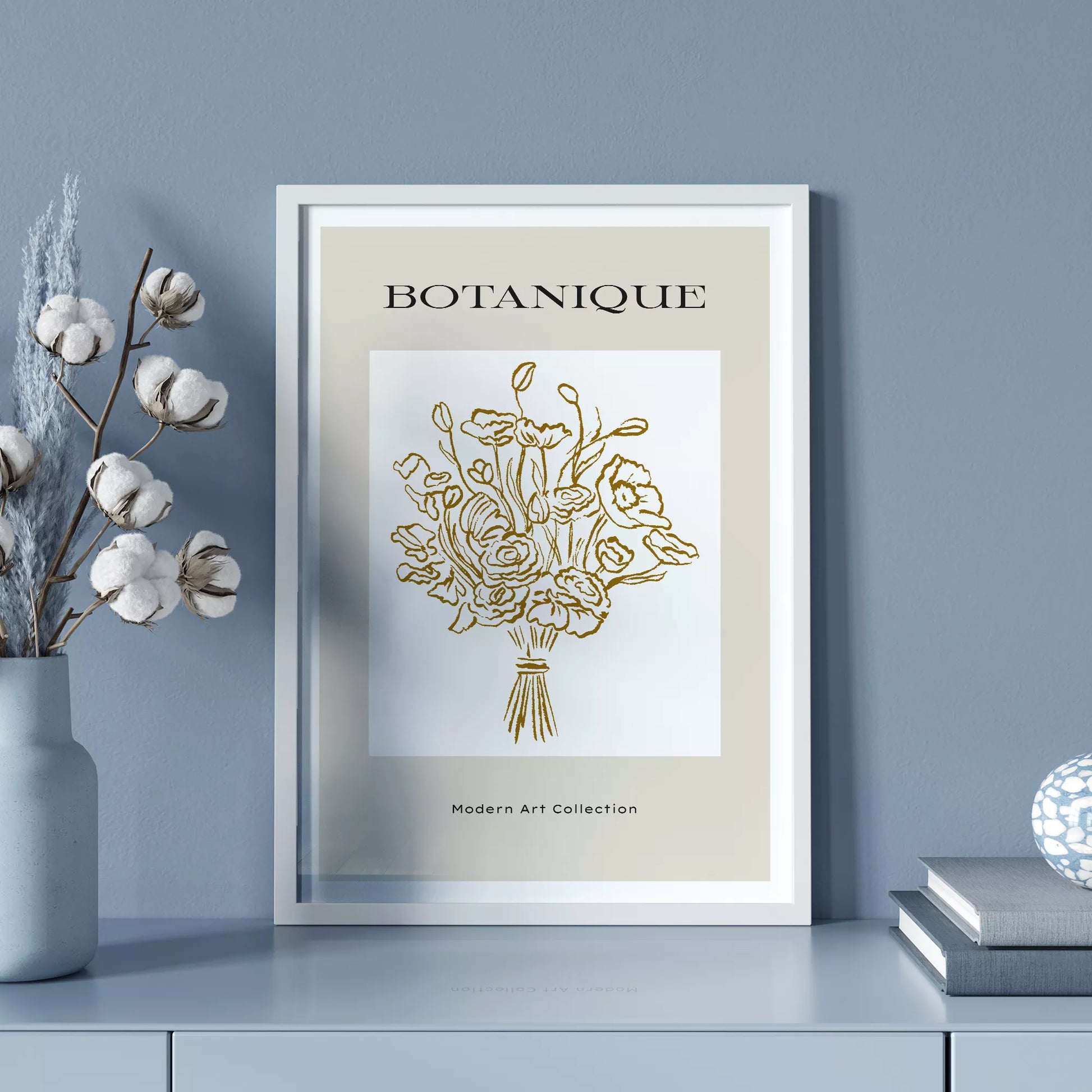 北欧デザインのゴールドライン花束ボタニカル アートポスター グレージュ