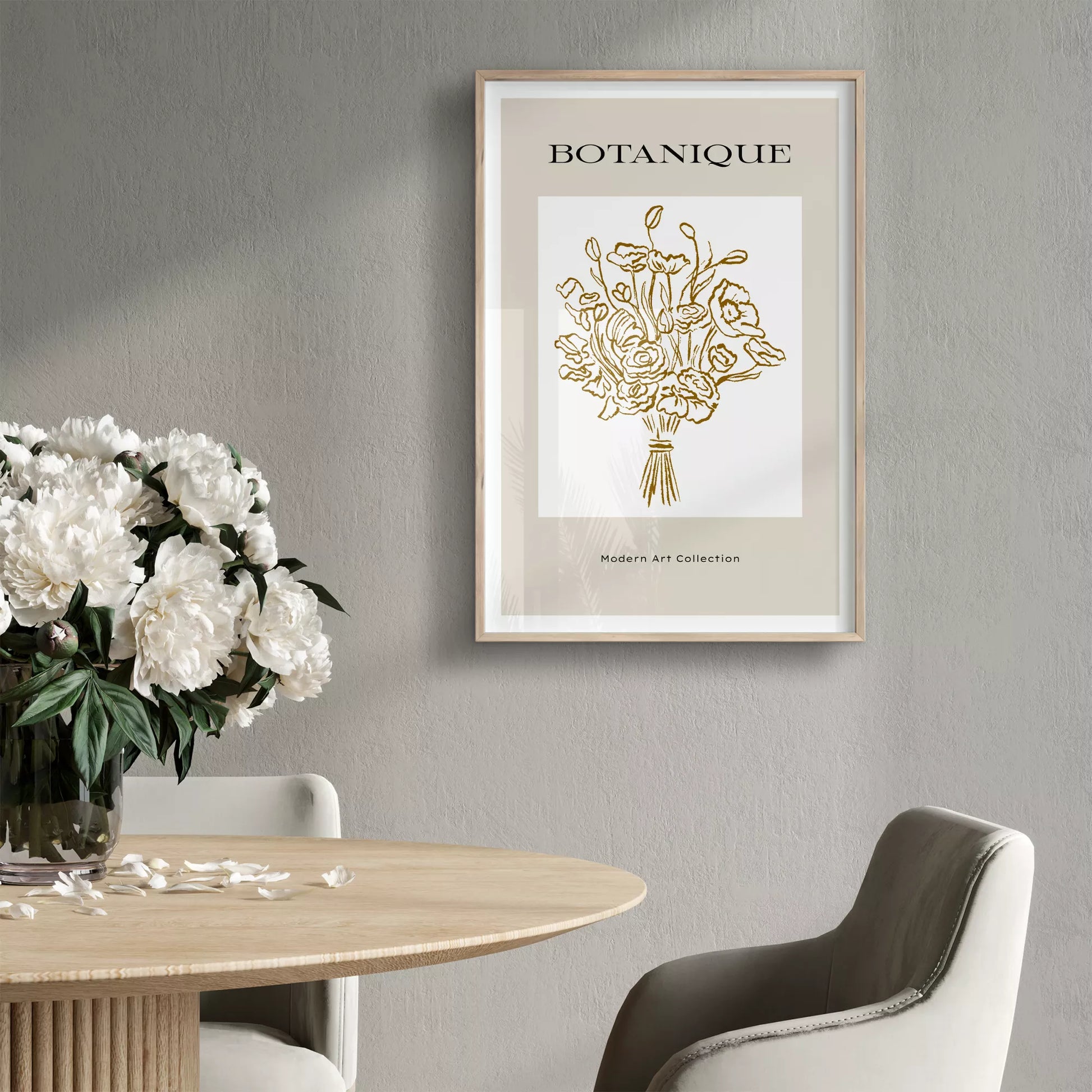 北欧デザインのゴールドライン花束ボタニカル アートポスター グレージュ