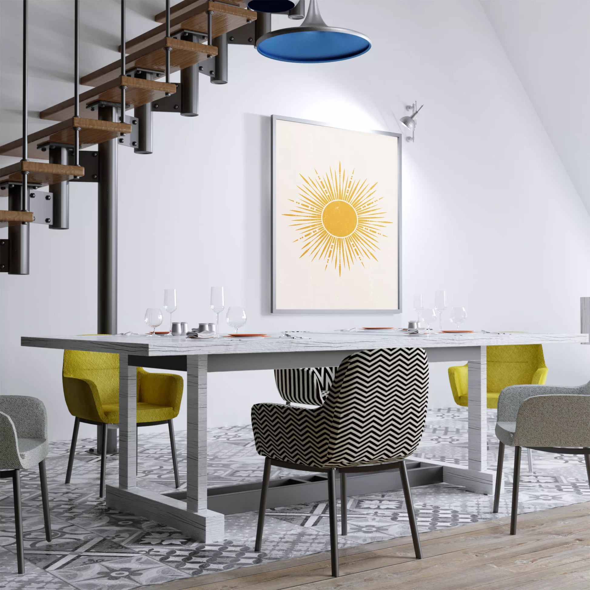 黄金の太陽が放射状に輝くミニマリストアートポスター