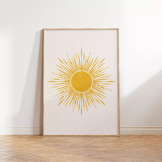 黄金の太陽が放射状に輝くミニマリストアートポスター