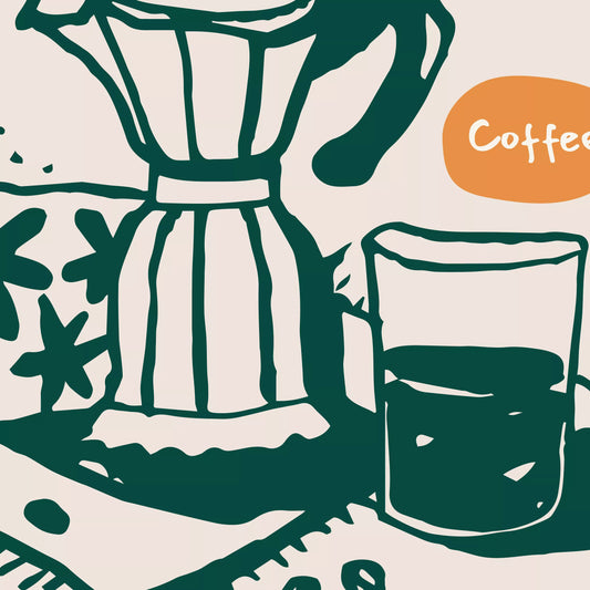 グリーンで描いたモカポット、グラスのコーヒーとオレンジの「Coffee」ラベルの拡大