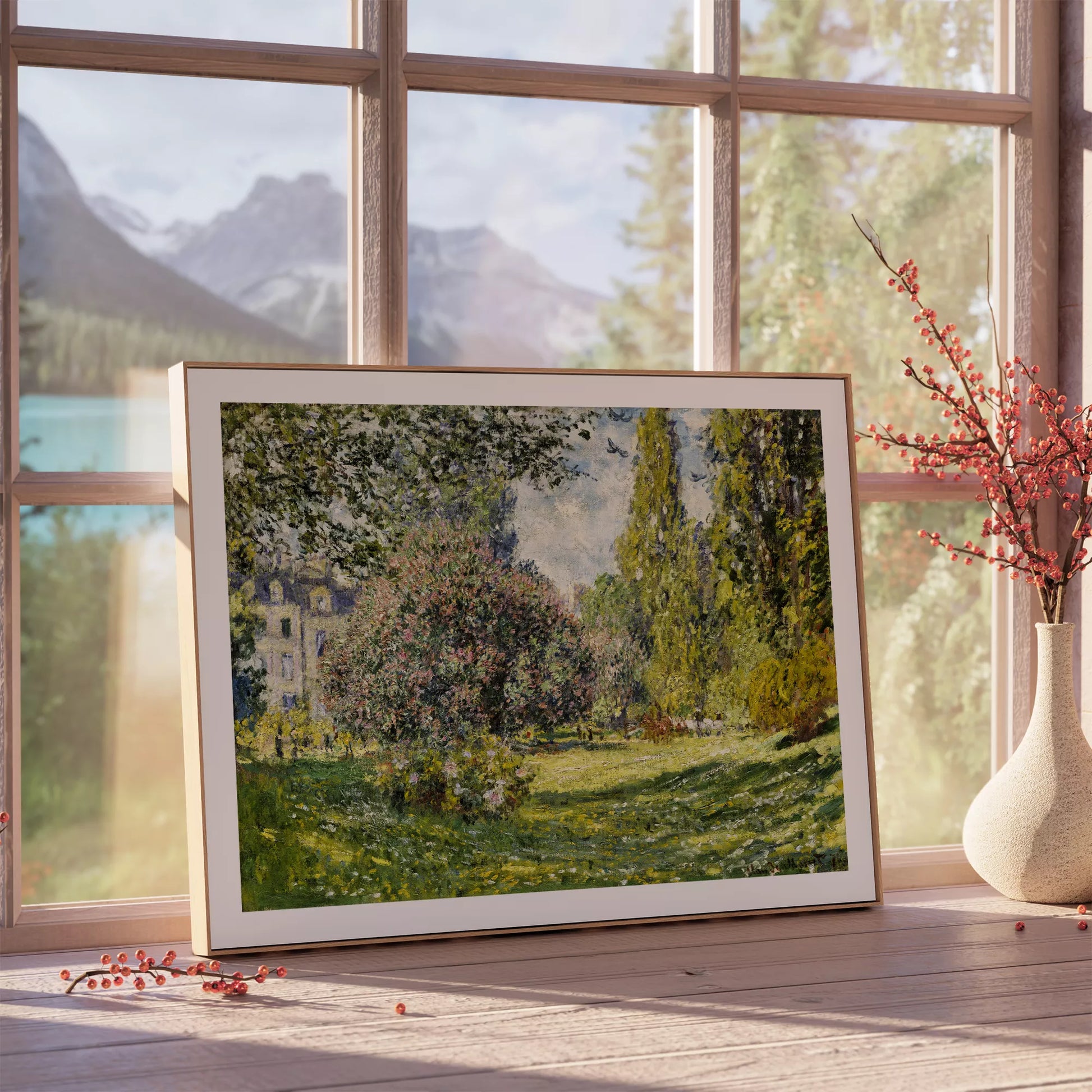 印象派の庭園風景画、春の花咲く緑豊かな自然描写