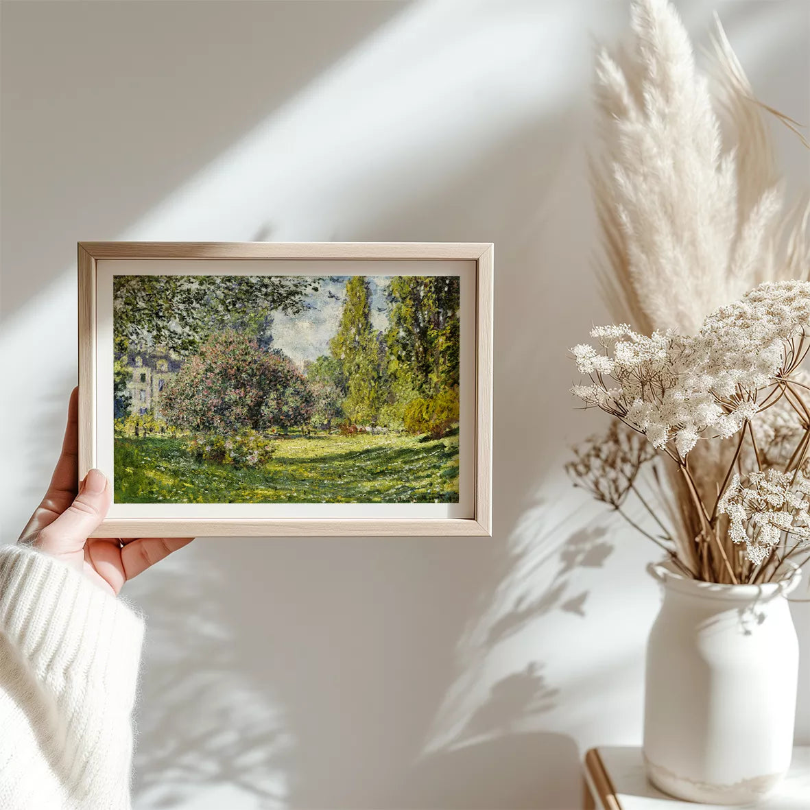 印象派の庭園風景画、春の花咲く緑豊かな自然描写