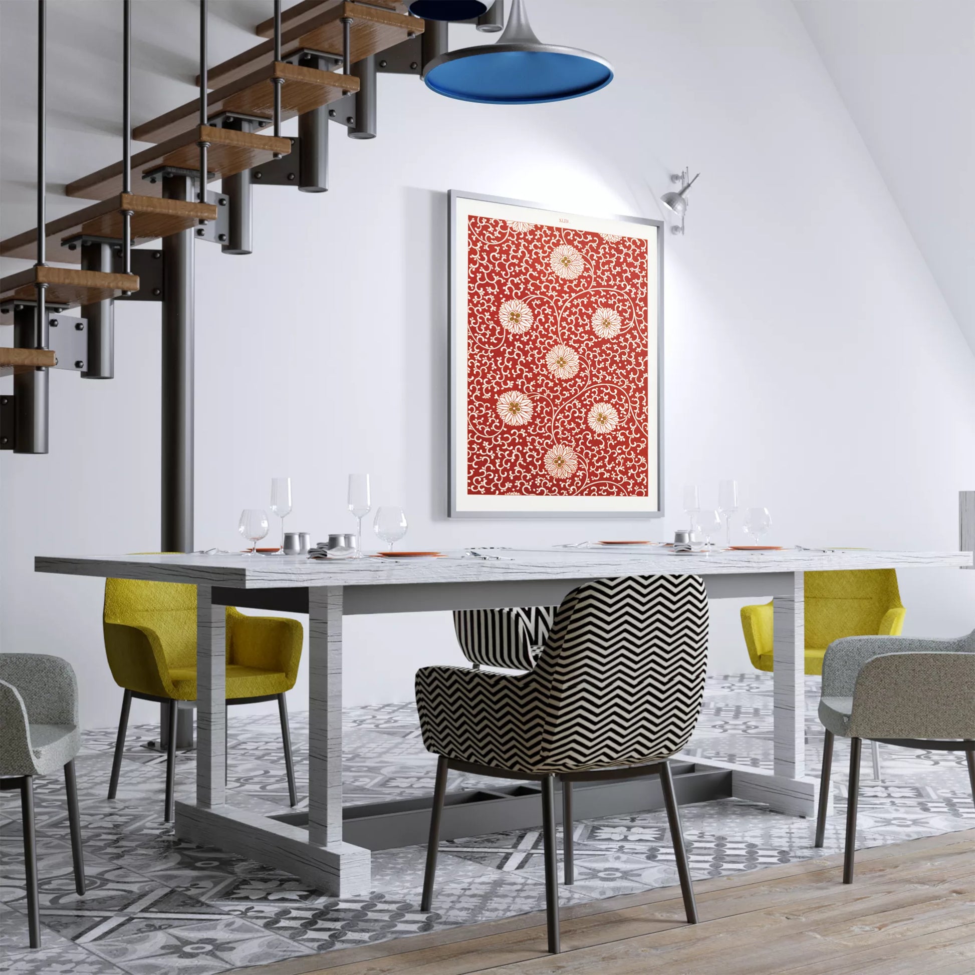 赤地に白い菊の花と唐草模様のアンティーク和柄デザイン