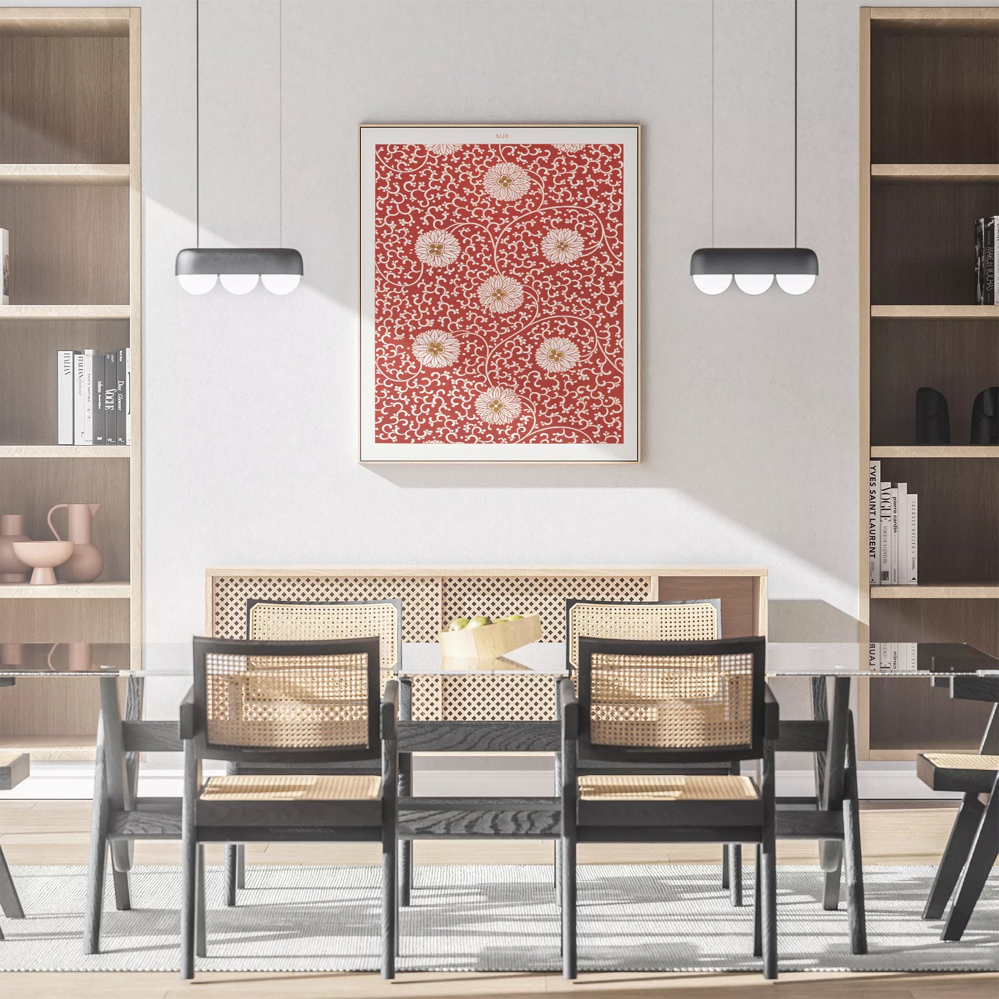 赤地に白い菊の花と唐草模様のアンティーク和柄デザイン