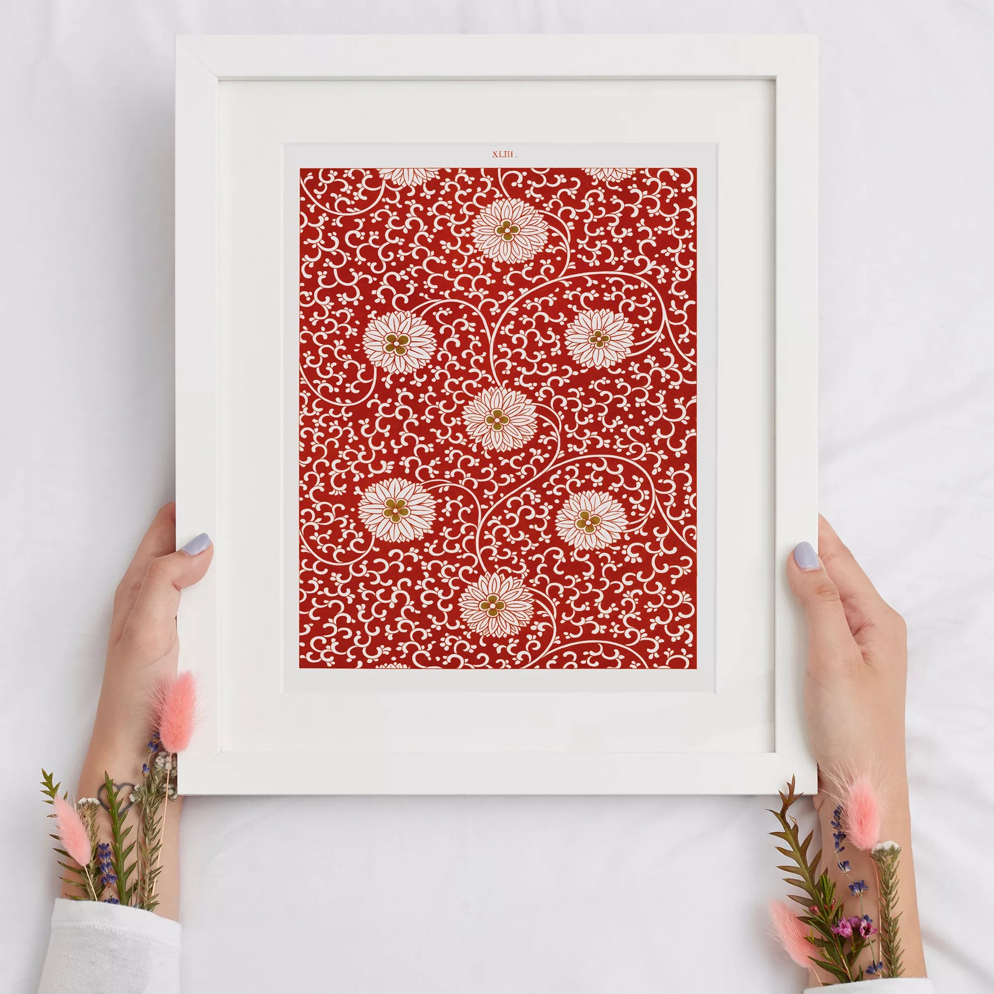 赤地に白い菊の花と唐草模様のアンティーク和柄デザイン