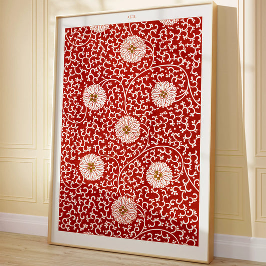 赤地に白い菊の花と唐草模様のアンティーク和柄デザイン