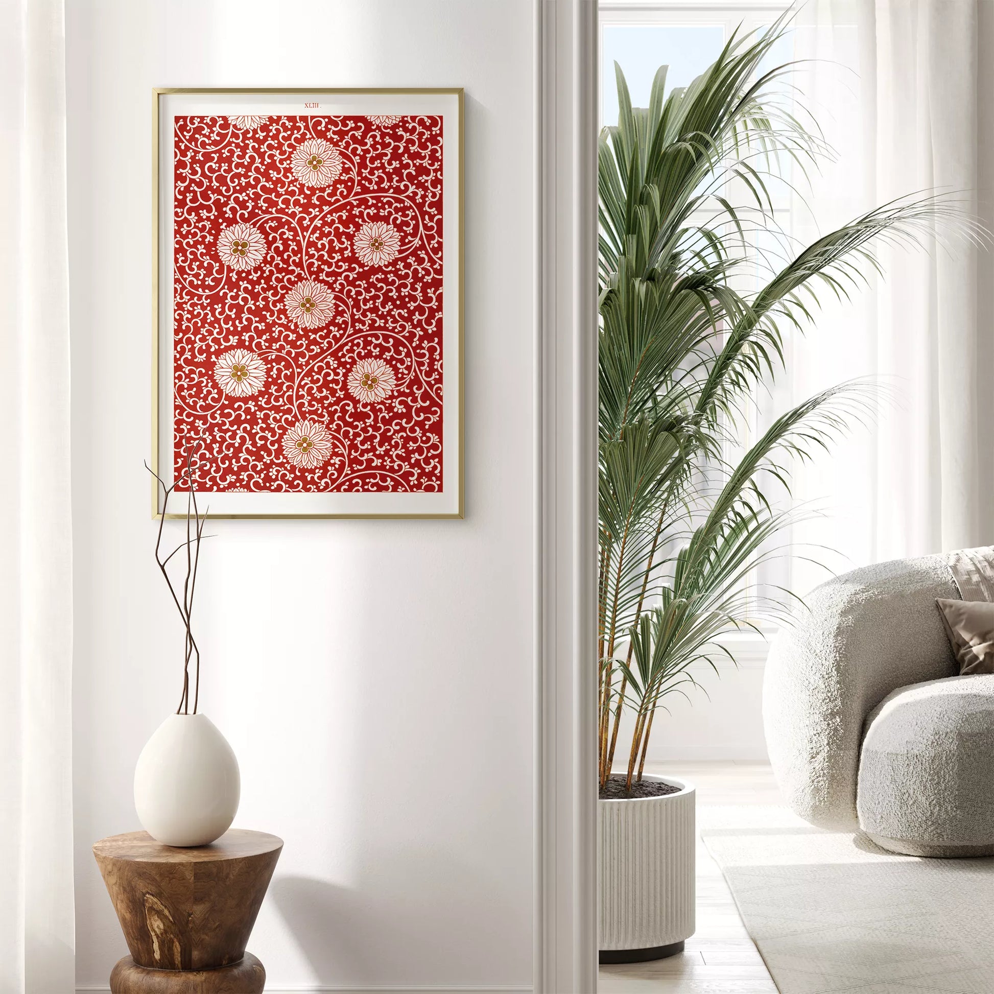 赤地に白い菊の花と唐草模様のアンティーク和柄デザイン