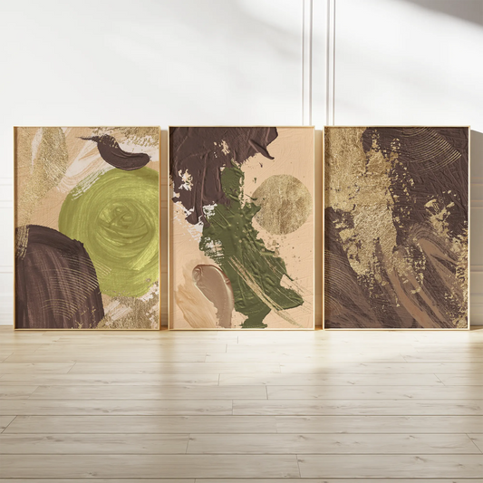 抽象的なゴールドとグリーンの高級感あるアートポスター 北欧モダンインテリア 3枚セット