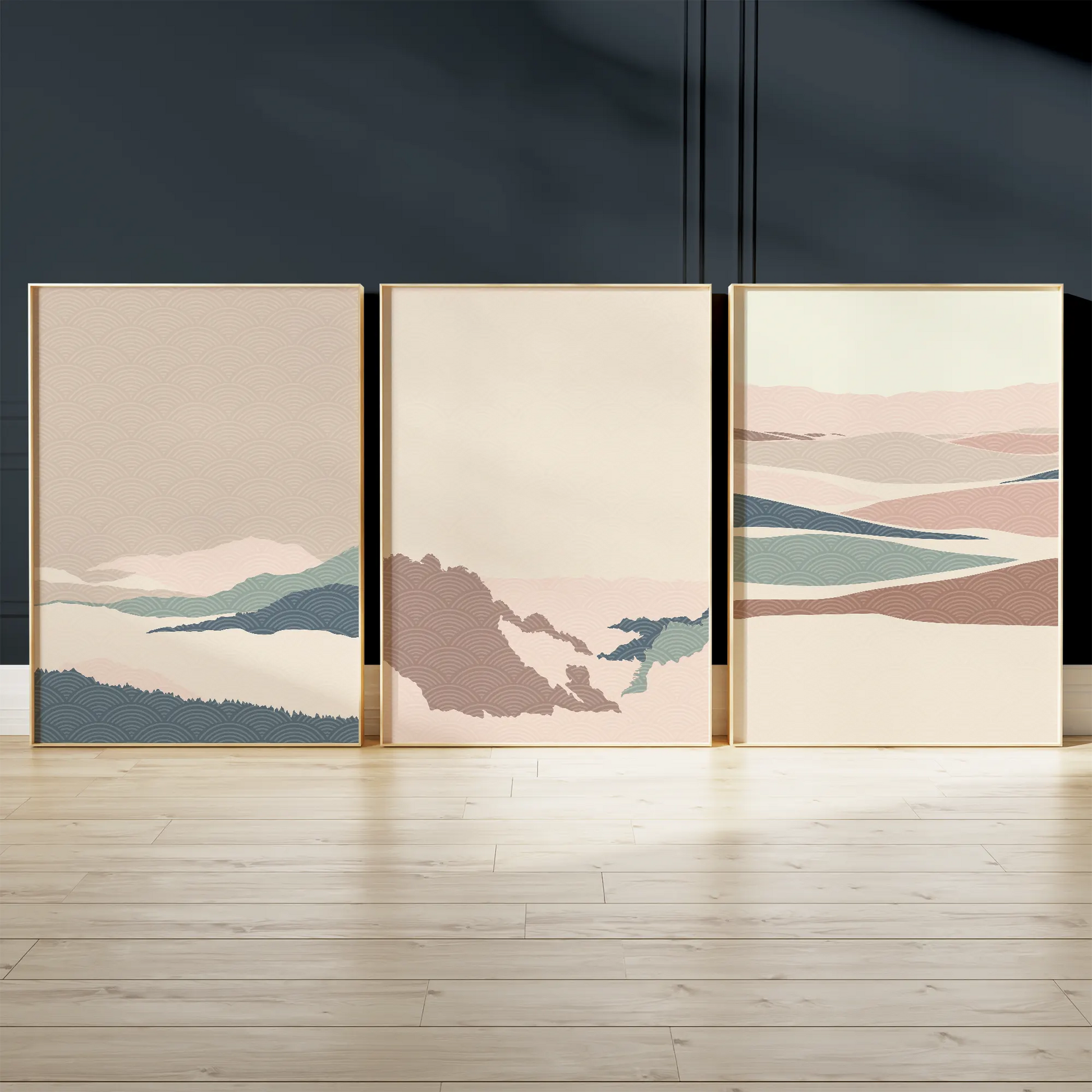 抽象的な日本山水のミニマルアートポスター 北欧モダンインテリア 3枚セット