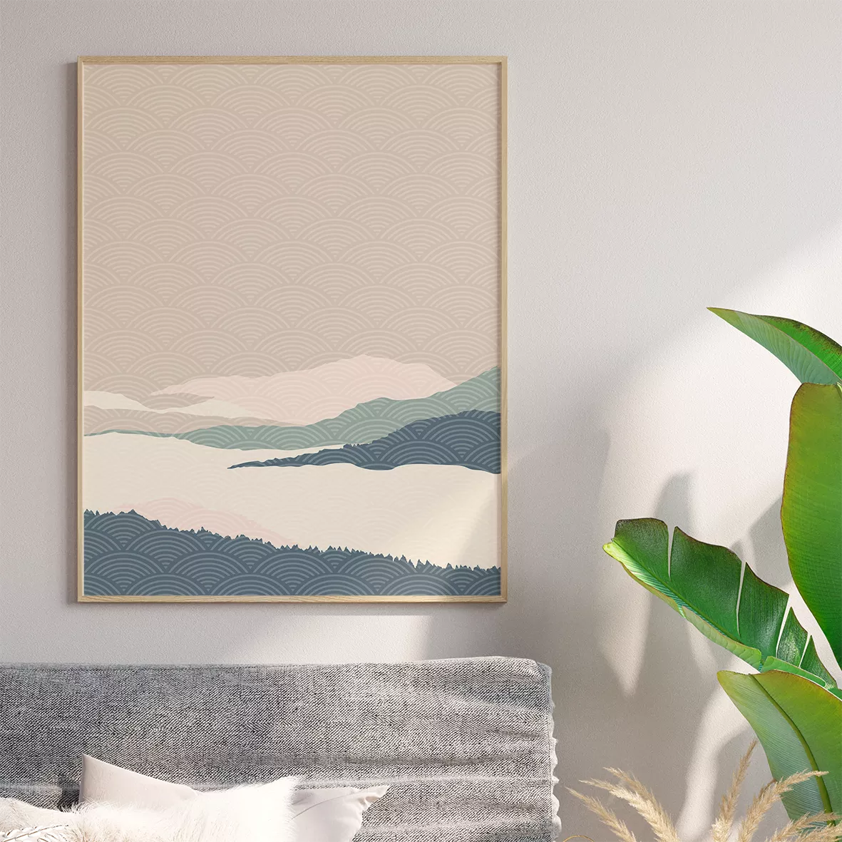 和風山水画の3連アート、青とピンクの山々が重なる抽象的な風景画