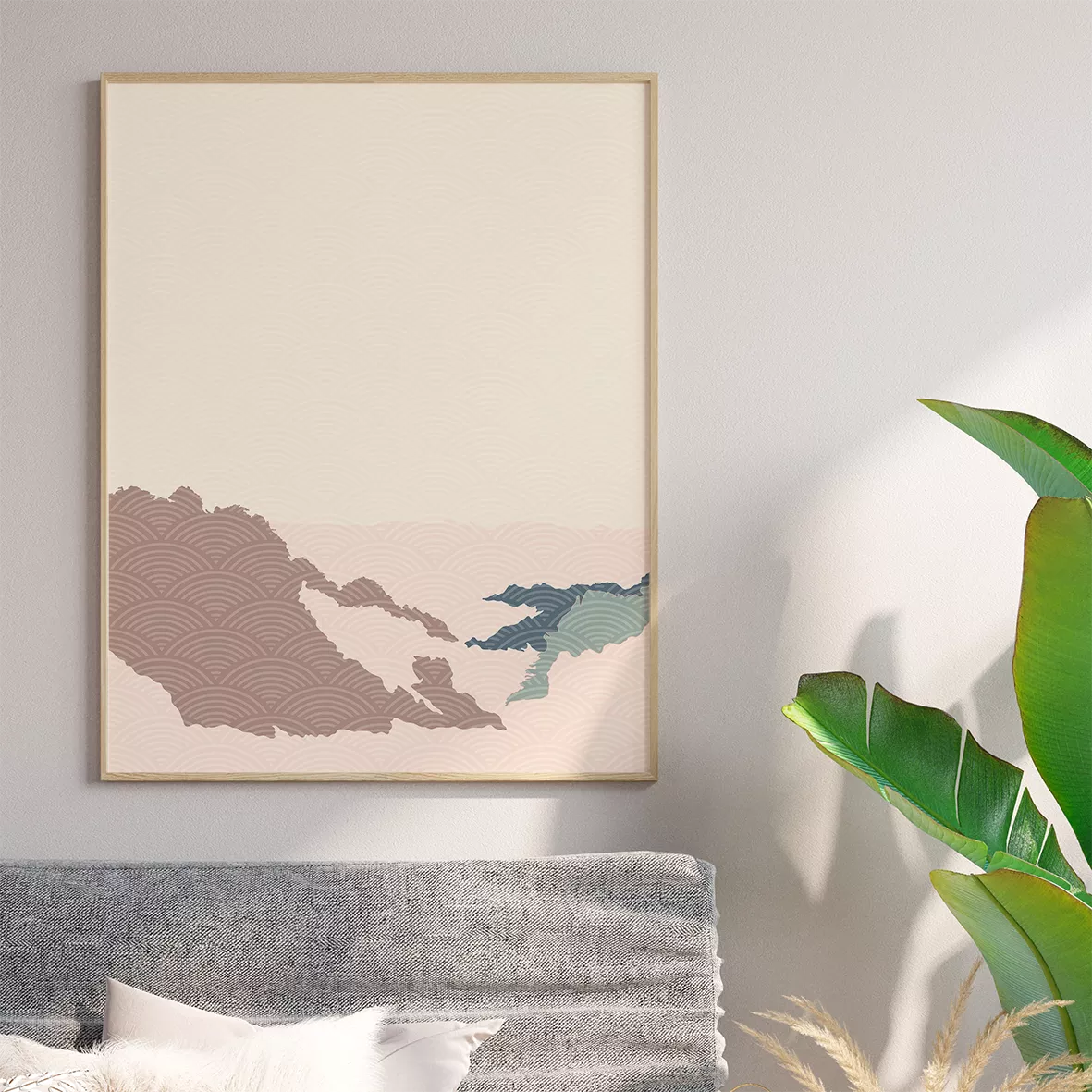 和風山水画の3連アート、青とピンクの山々が重なる抽象的な風景画