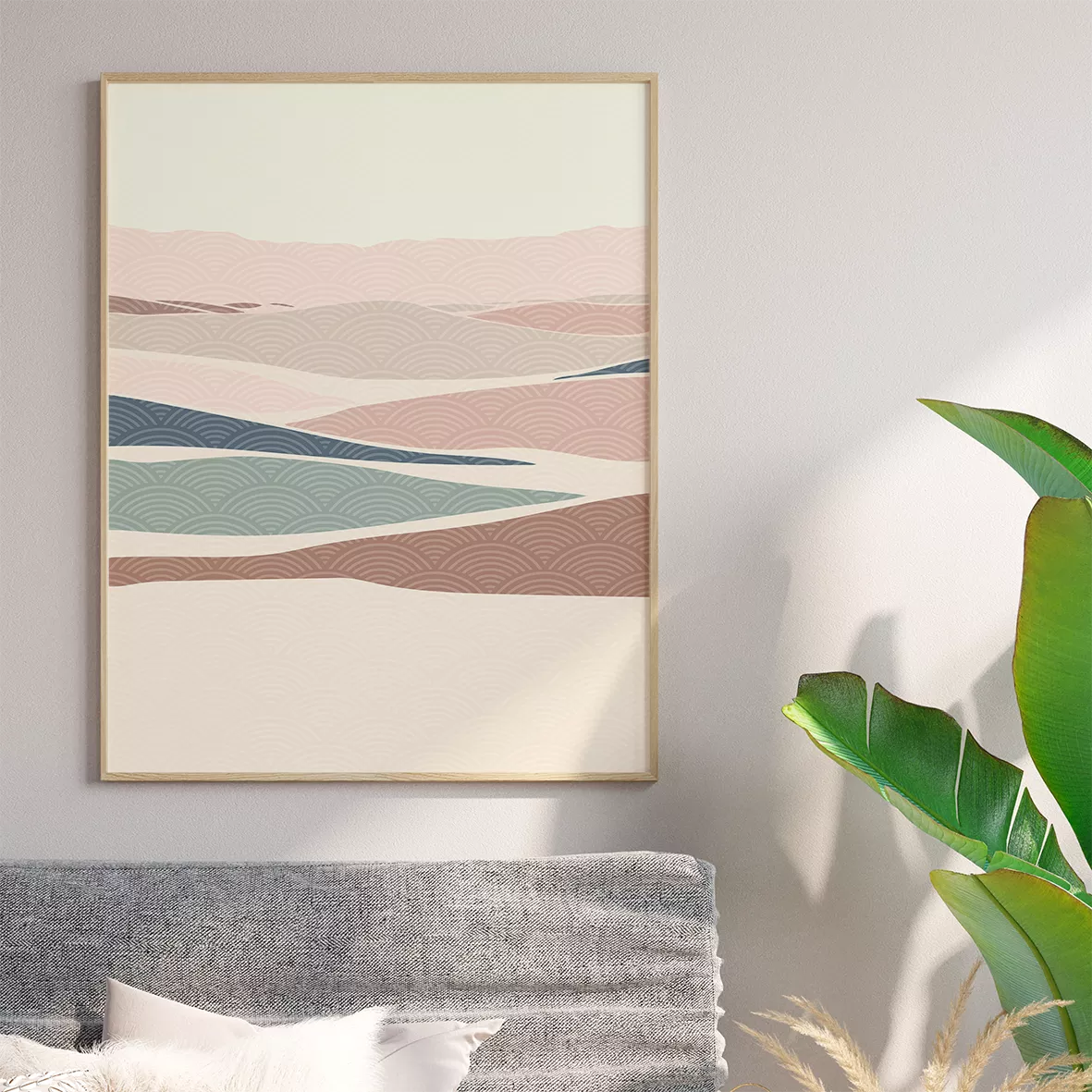 和風山水画の3連アート、青とピンクの山々が重なる抽象的な風景画